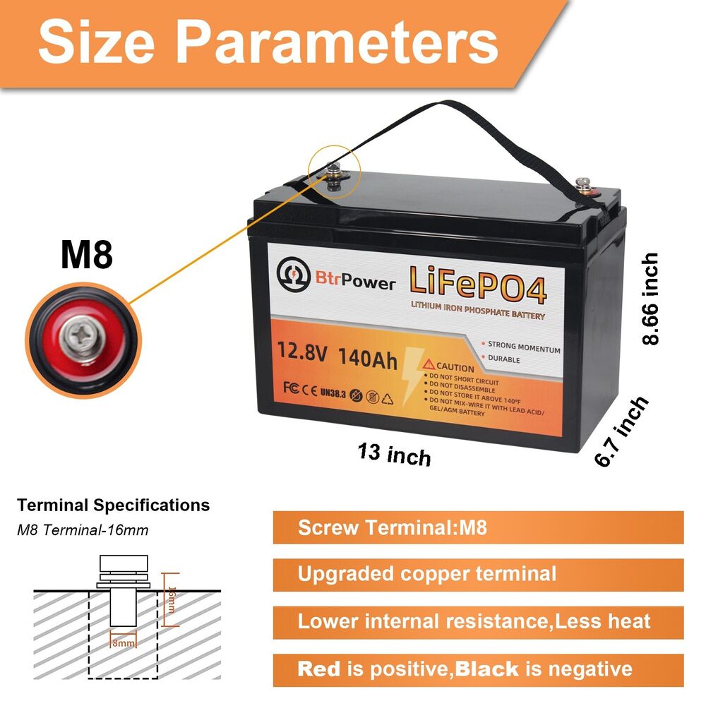 BtrPower 12V 100AH 140AH LiFePO4 Battery for RV, Solar System, Trolling Motor, Off-grid System, Golf Cart