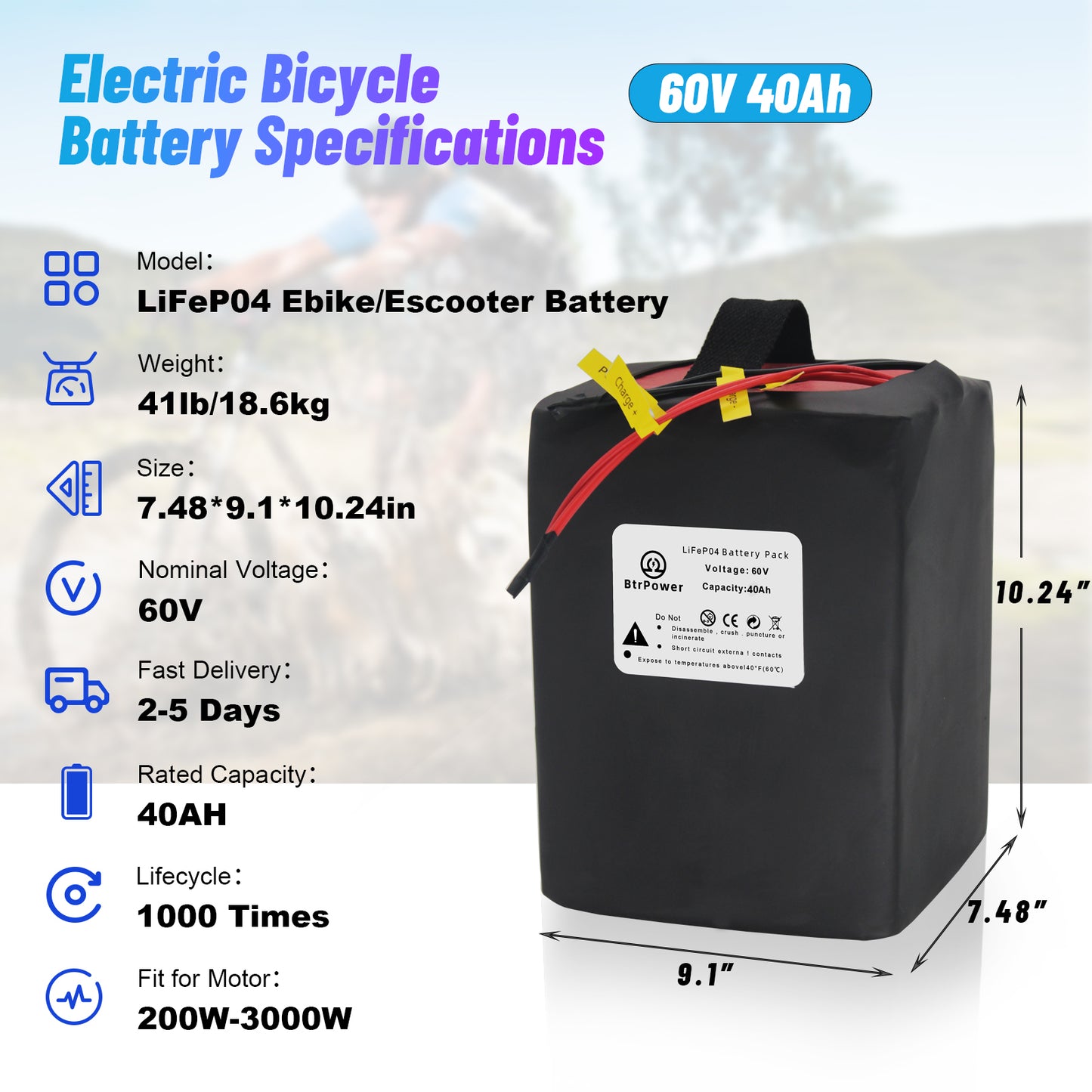 BtrPower Ebike Lithium Lifepo4 60V 40Ah Battery Pack 250W-3000W for Electric Scooter 50A BMS