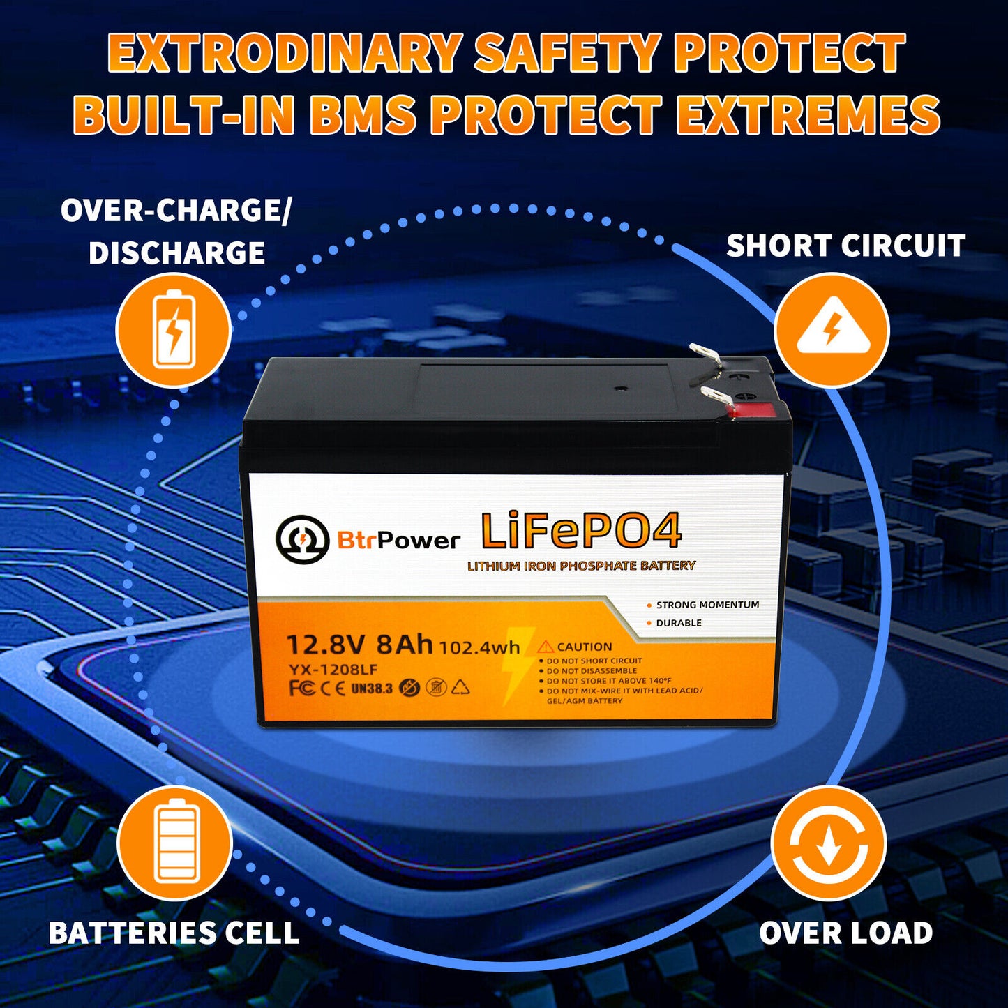 BtrPower LiFePO4 12V 8AH Deep Cycle Lithium Battery Rechargeable for RV Boat Solar Home