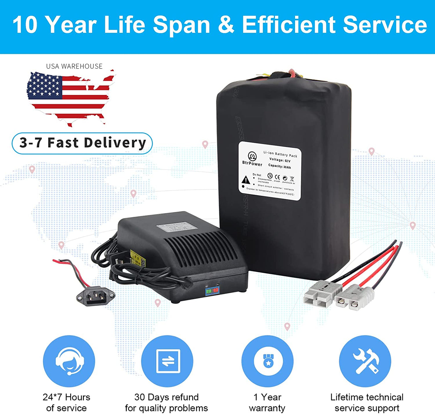 BtrPower EBike Battery 52V 30AH Li-ion Battery Pack with 5A Charger, 50A BMS