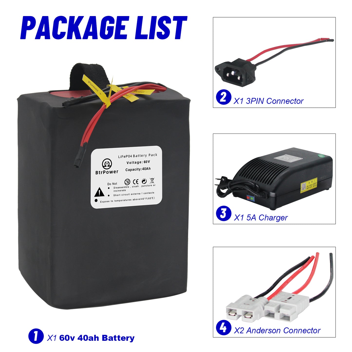 BtrPower Ebike Lithium Lifepo4 60V 40Ah Battery Pack 250W-3000W for Electric Scooter 50A BMS