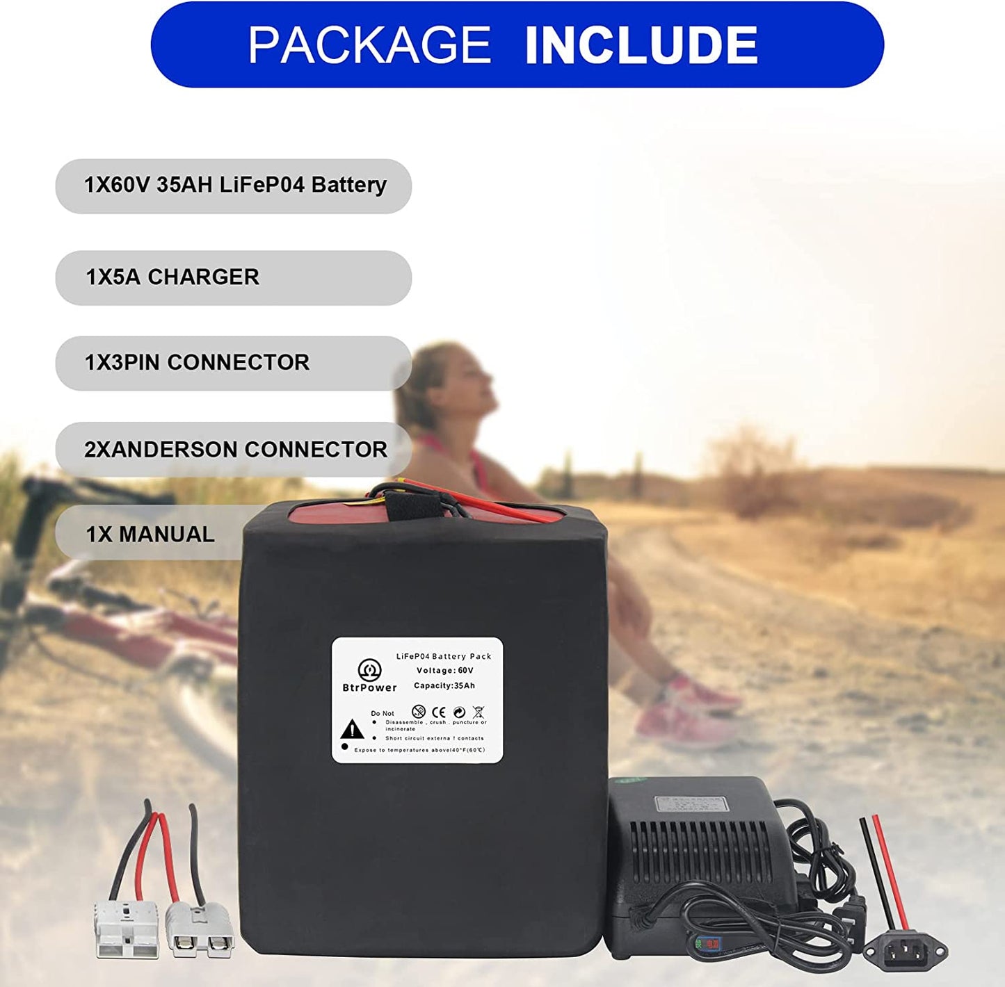 BtrPower EBike Battery 60V 35AH LiFePo4 Battery Pack with 5A Charge 50A BMS