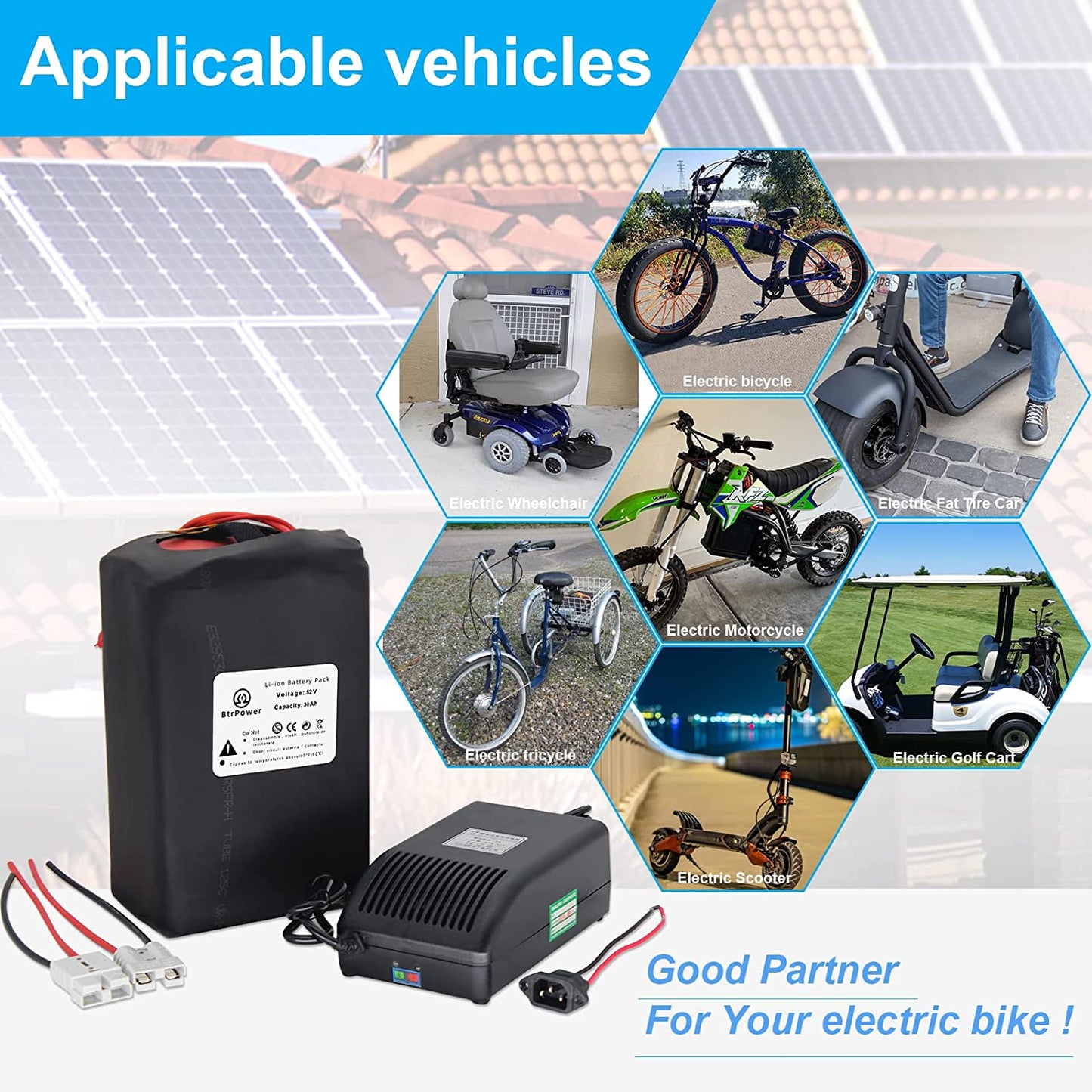 BtrPower EBike Battery 52V 30AH Li-ion Battery Pack with 5A Charger, 50A BMS