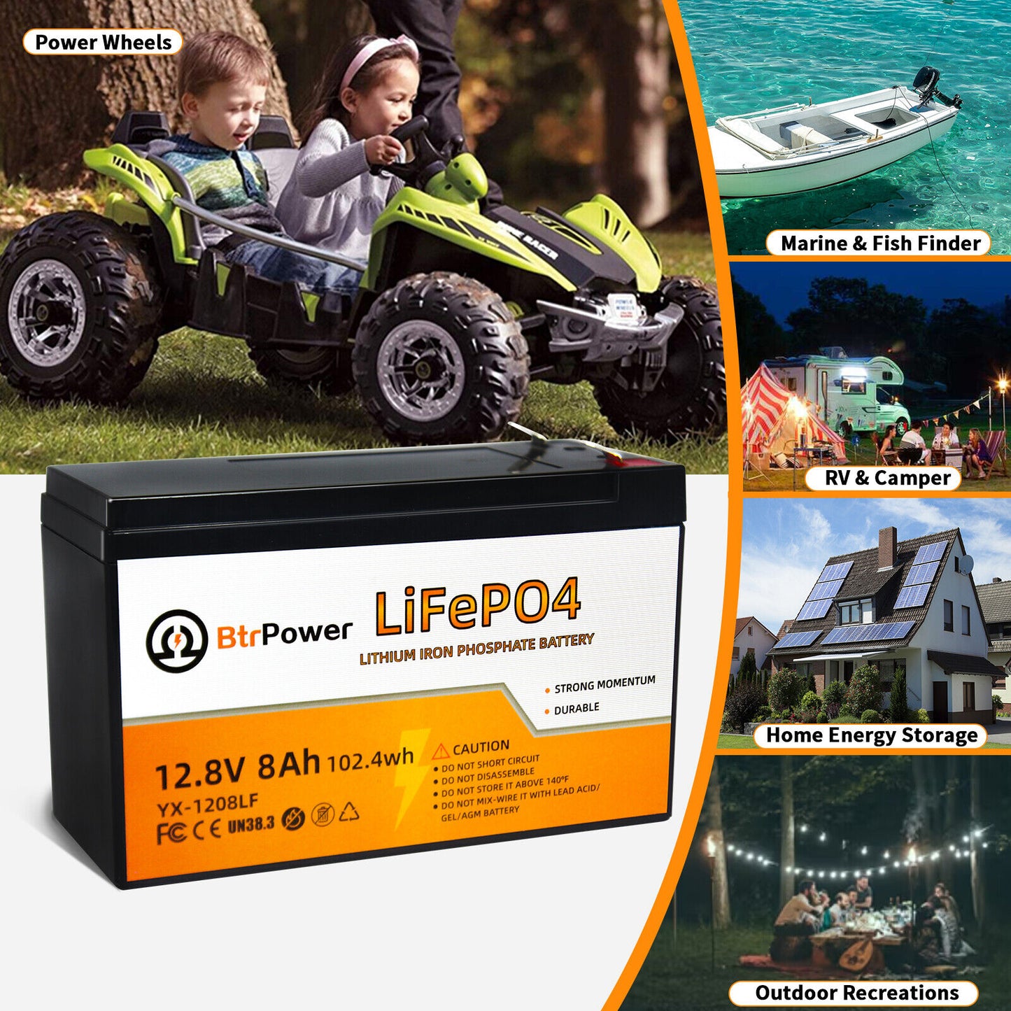 BtrPower LiFePO4 12V 8AH Deep Cycle Lithium Battery Rechargeable for RV Boat Solar Home