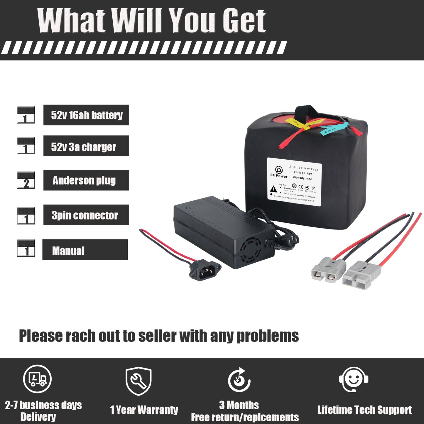 BtrPower EBike Battery 52V 16AH Li-ion Battery Pack with 3A Charger,30A BMS