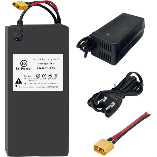BtrPower Ebike Battery 36V 8AH, Li- ion Battery Pack with 2A Charger and 20A BMS