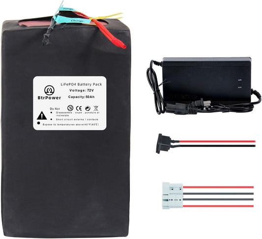 BtrPower Ebike Battery 72V 50AH Lithium LiFePO4 Battery Pack with 50A BMS,5A Charger
