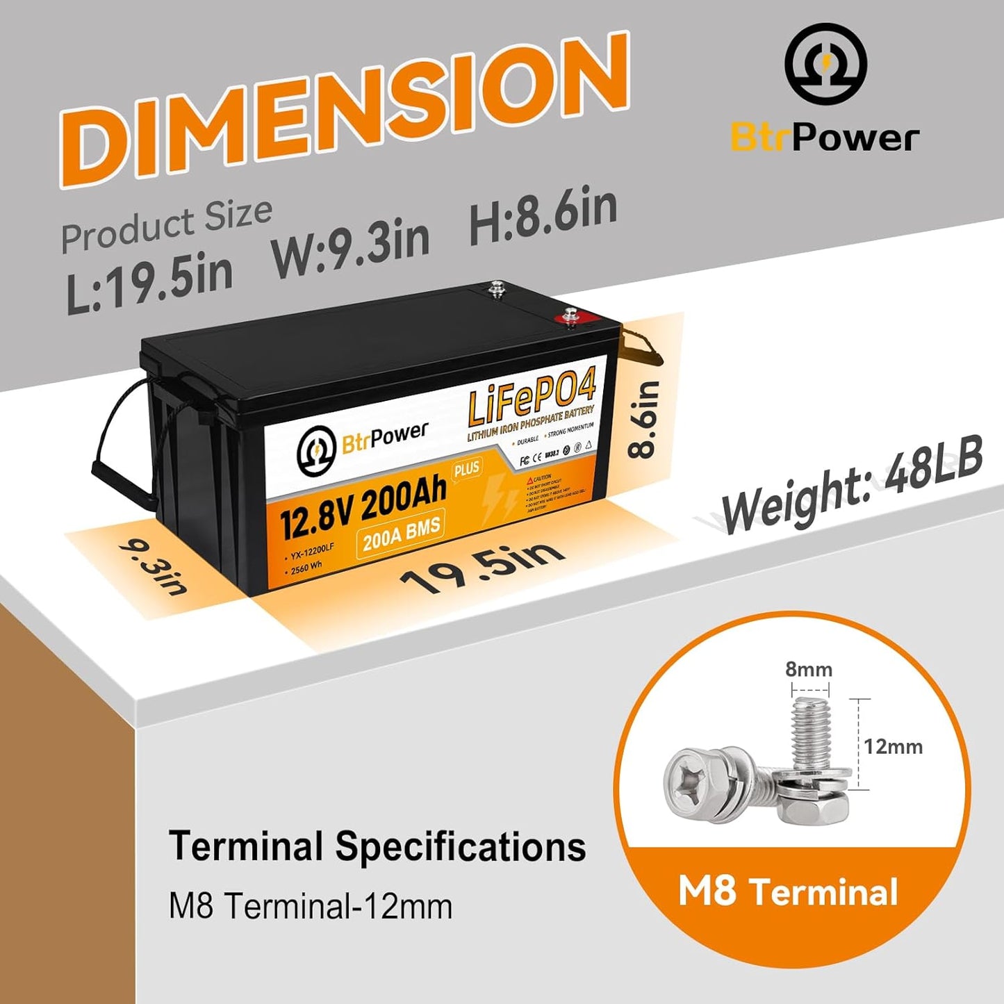 BtrPower 12V 200AH LiFePO4 Lithium Battery Pack 200A BMS for RV Marine Solar System Trolling Motor