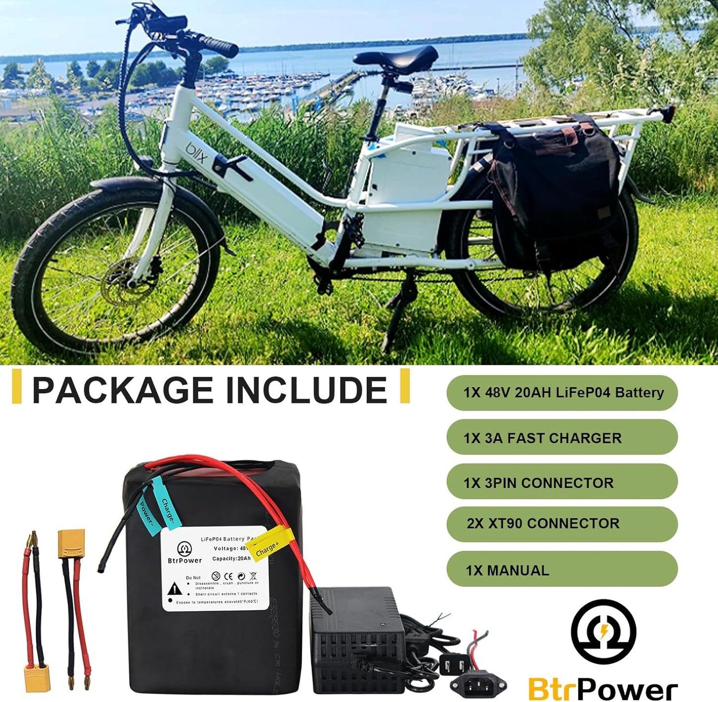 BtrPower Ebike Battery 48V 20AH LiFePO4 Battery Pack with 3A Charger,40A BMS