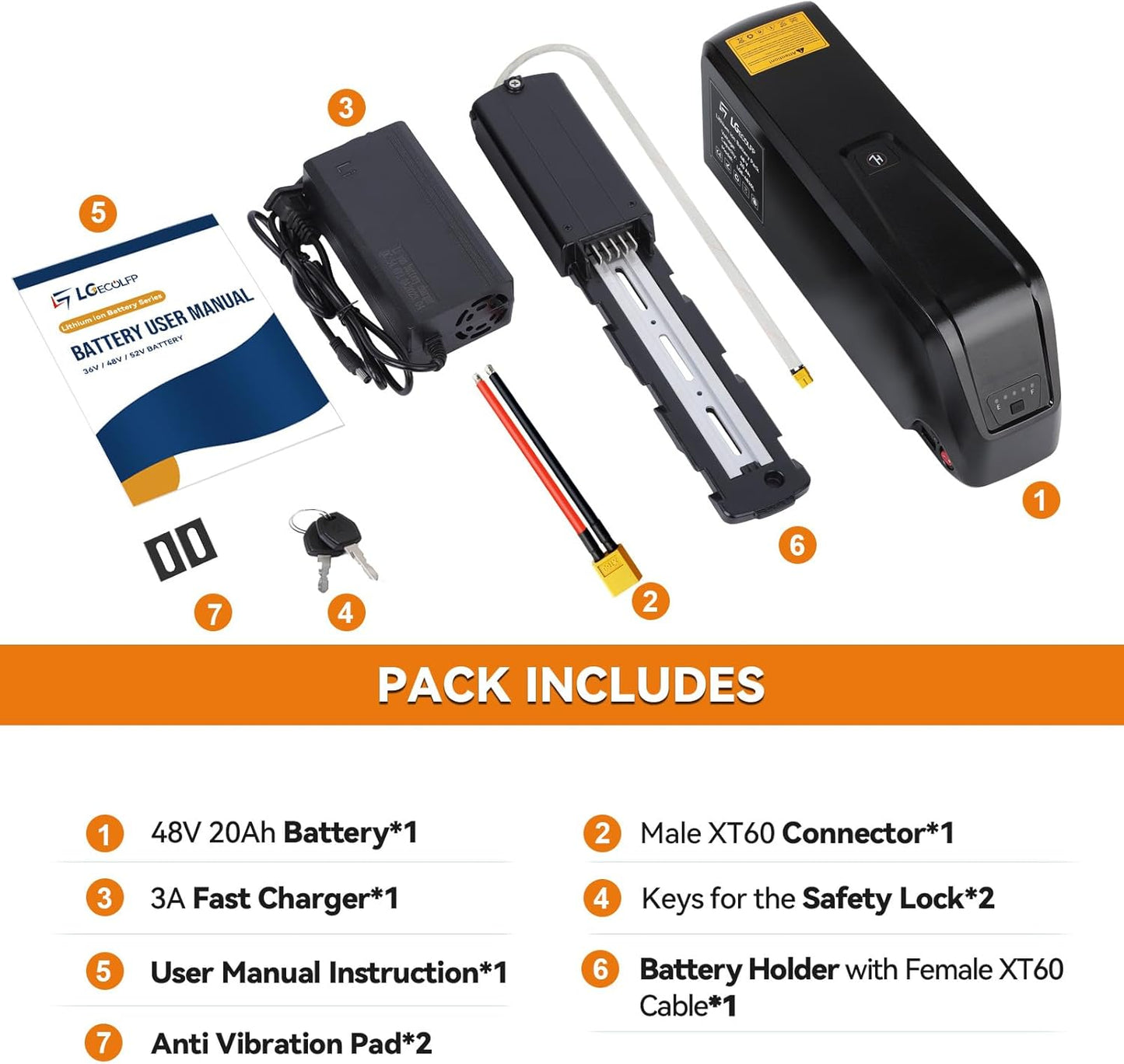 LGECOLFP 5-Pins 48V 20Ah Hailong Ebike Battery Replacement Lithium ion Battery with USB Port for 1000W Electric Bike