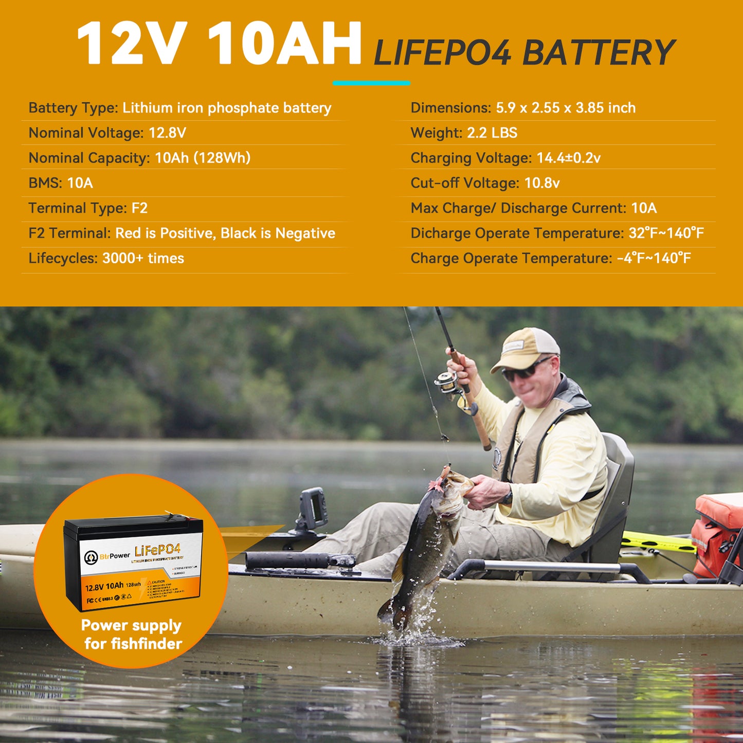 BtrPower LiFePO4 12V 10AH Deep Cycle Lithium Battery Rechargeable for RV Boat Solar Home