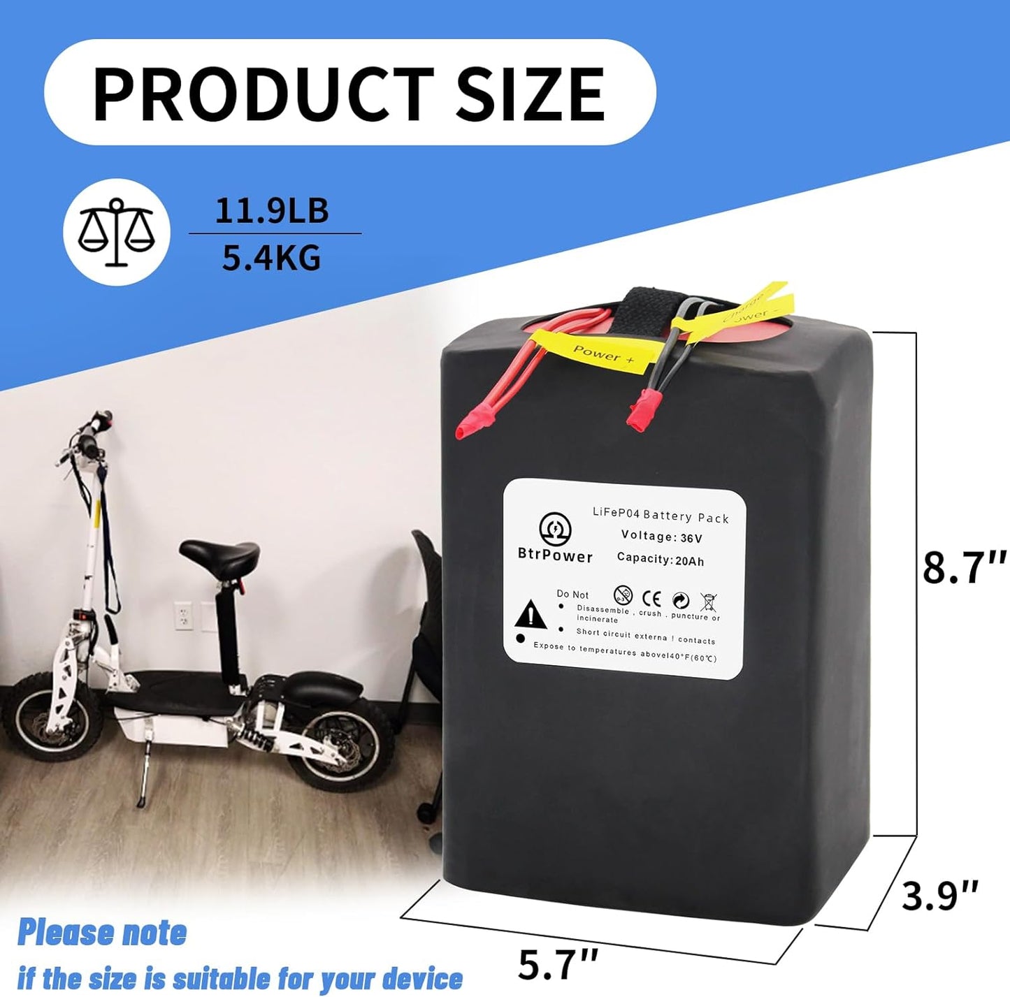 BtrPower Ebike Battery 36V 20AH LiFePo4 Battery Pack with 3A Charger, 30A BMS