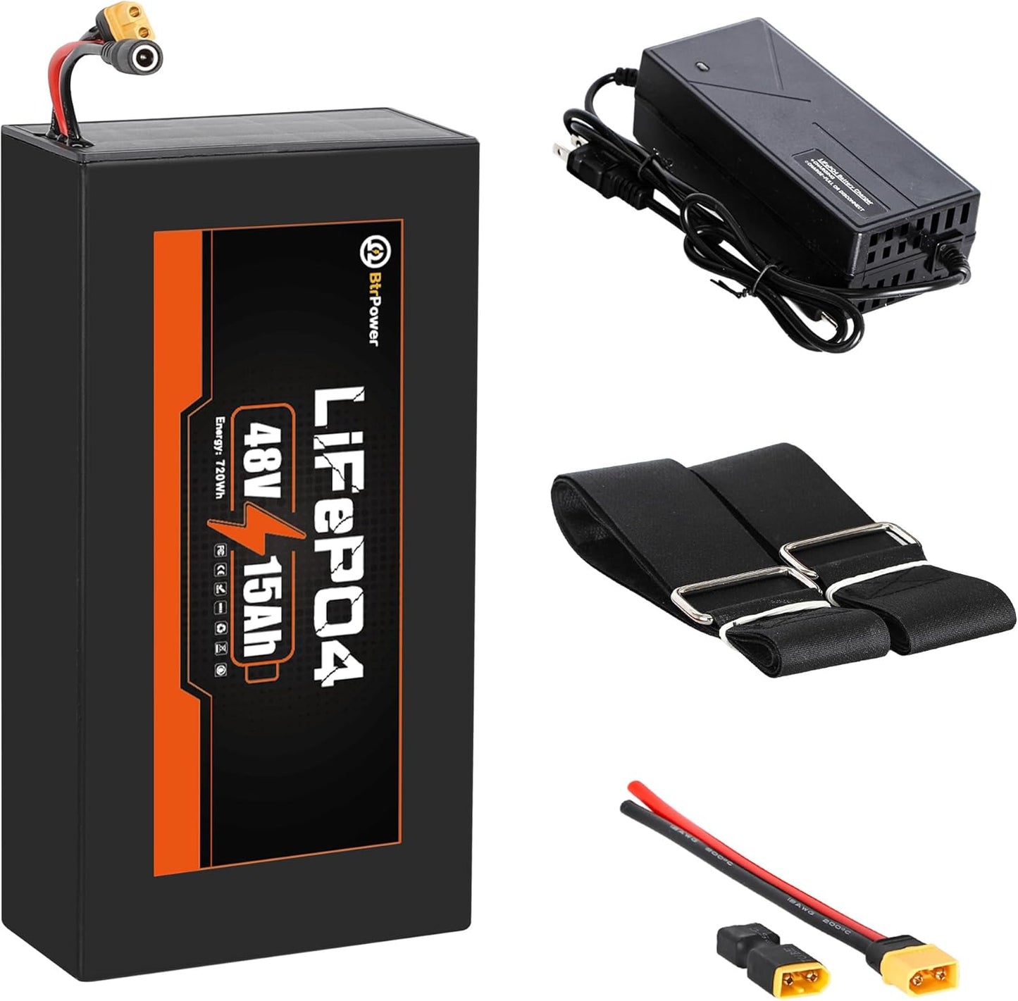 BtrPower Ebike Battery 48V 15AH LiFePo4 Battery Pack for Electric Bike Scooter with 3A Charger, 30A BMS