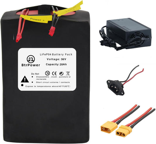 BtrPower 36V 20AH Ebike Battery LiFePo4 Battery Pack with 3A Charger, 30A BMS