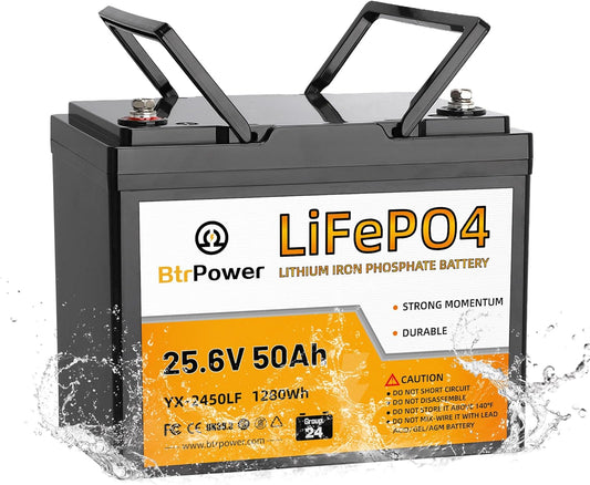 BtrPower 24V 50AH LiFePO4 Battery for RV, Solar System, Trolling Motor, Off-grid System, Golf Cart