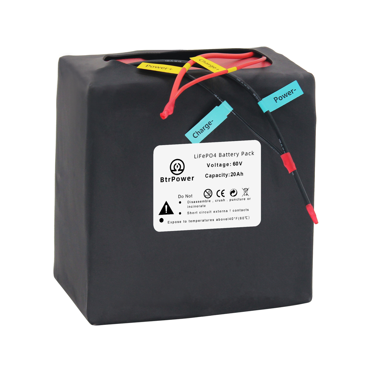 BtrPower Ebike Battery  60V 20AH LiFePO4 Battery Pack with 5A Charger ,50A BMS