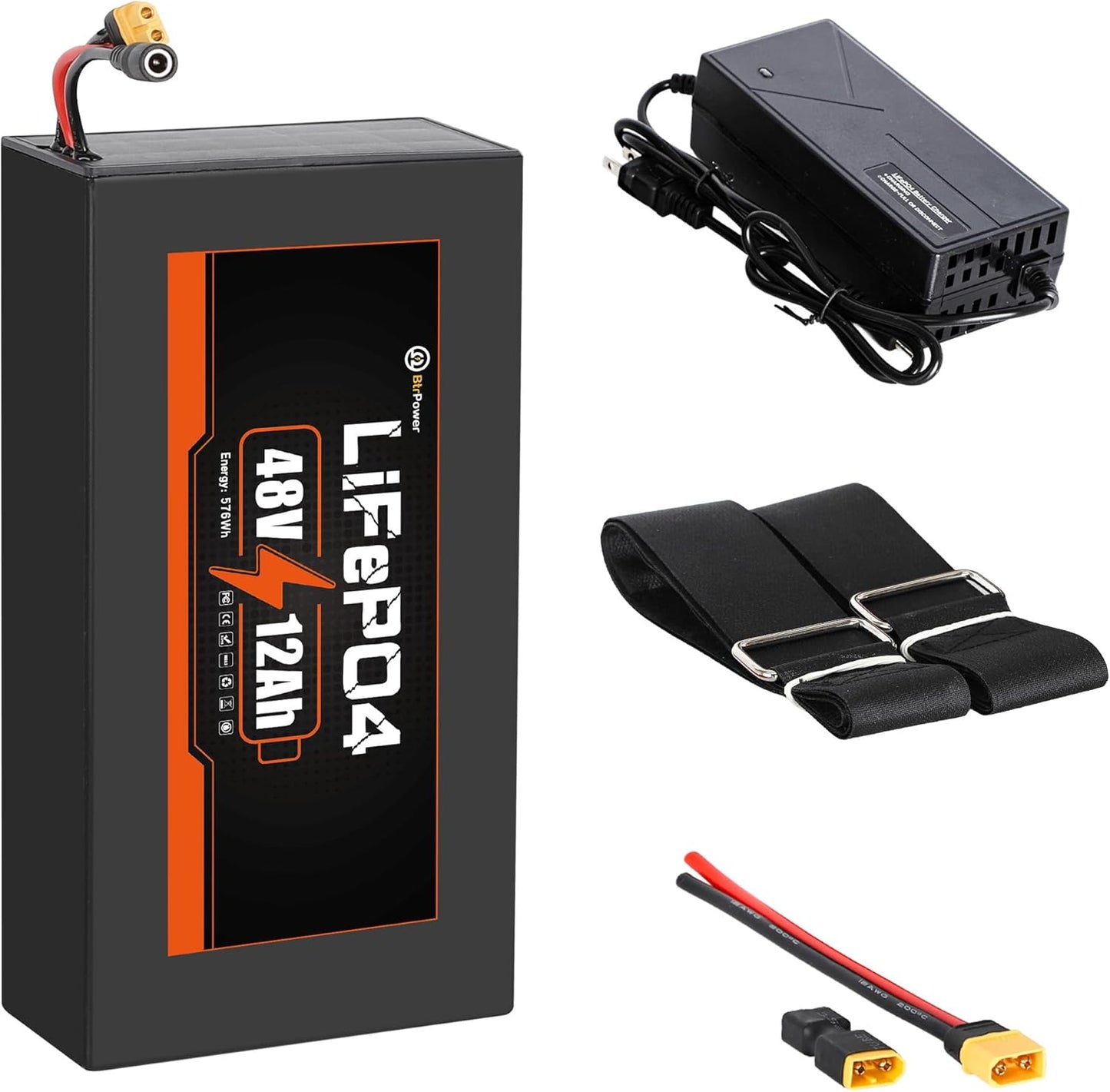BtrPower Ebike Battery 48V 12AH LiFePo4 Battery Pack for Electric Bike Scooter with 3A Charger, 30A BMS