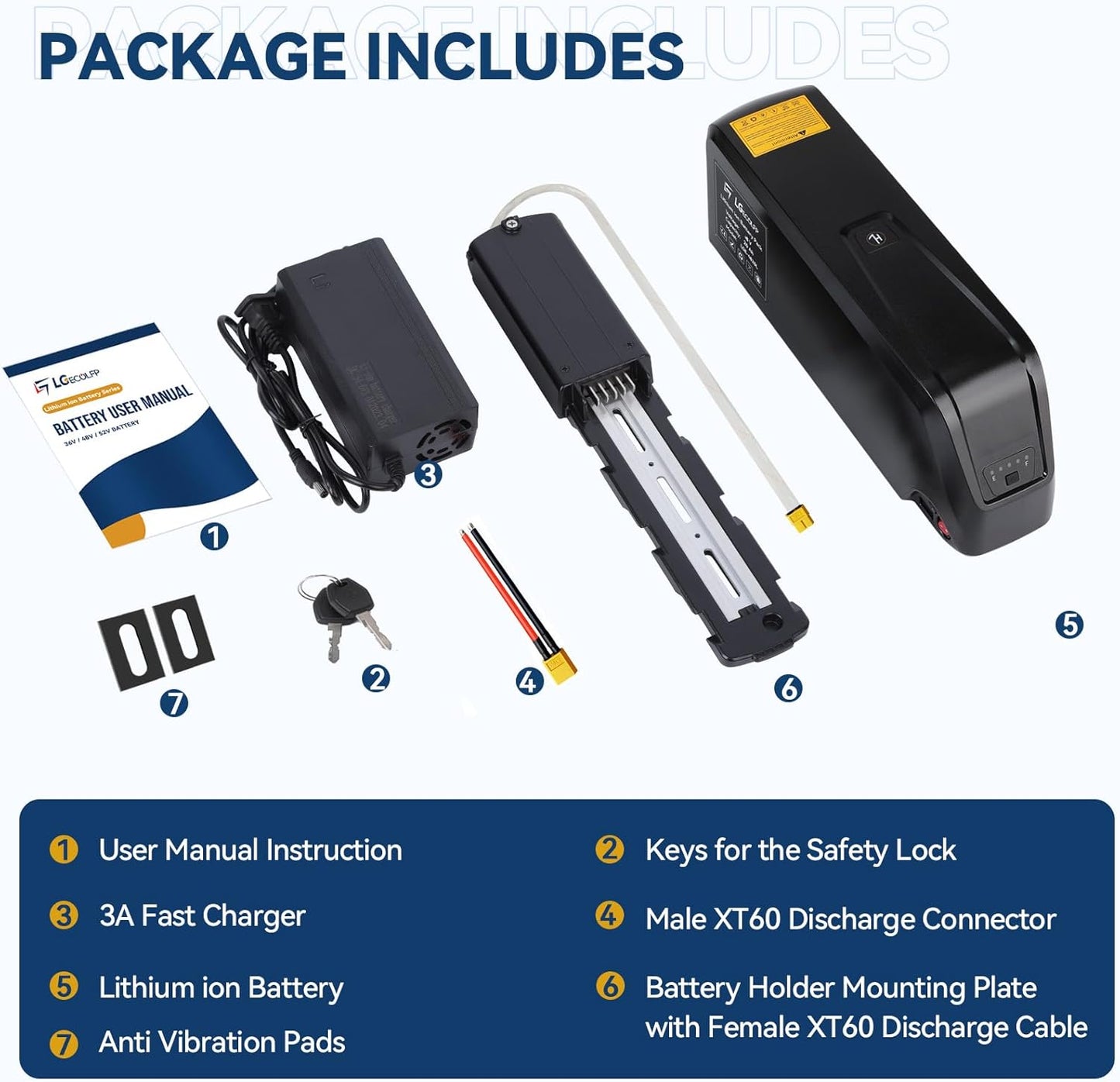 LGECOLFP 5-Pins 52V 20Ah Hailong Ebike Battery Replacement Lithium ion Battery with USB Port for 1000W Electric Bike