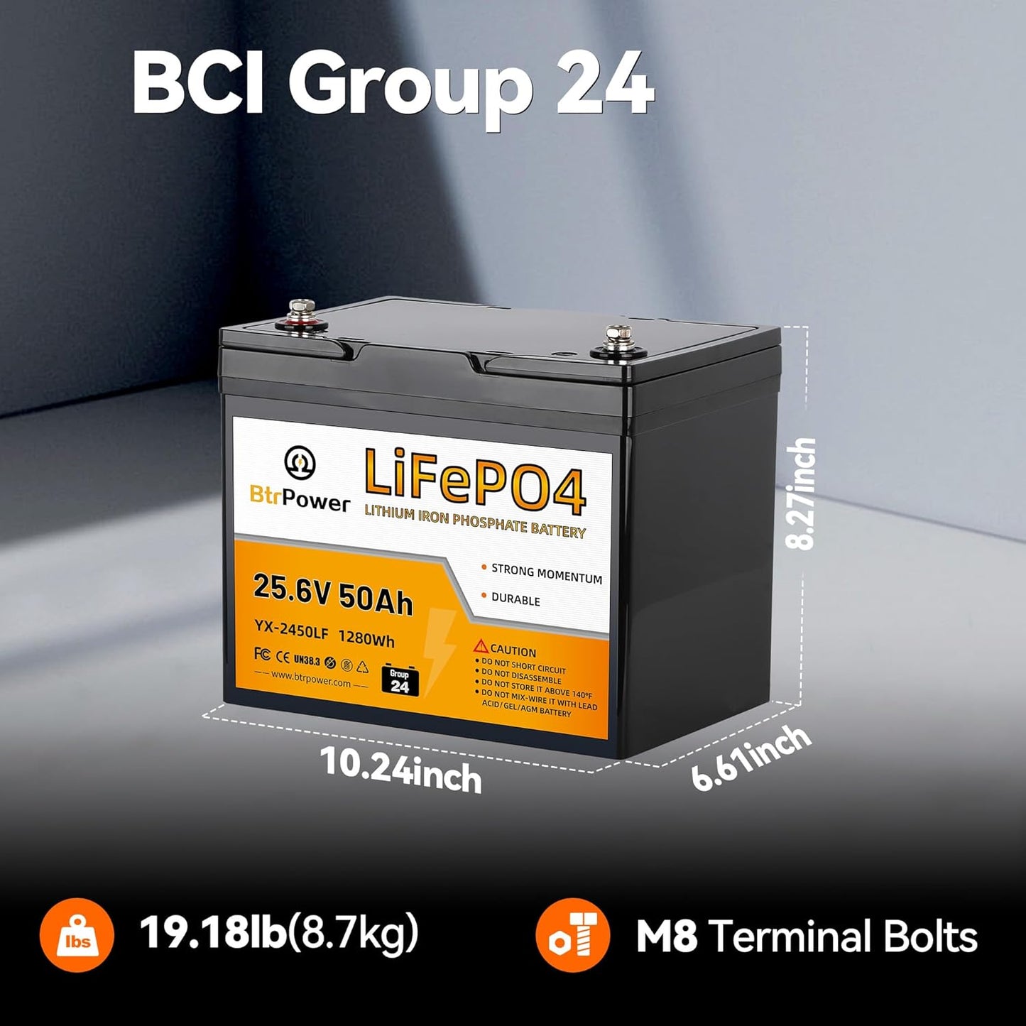 BtrPower 24V 50AH LiFePO4 Battery for RV, Solar System, Trolling Motor, Off-grid System, Golf Cart