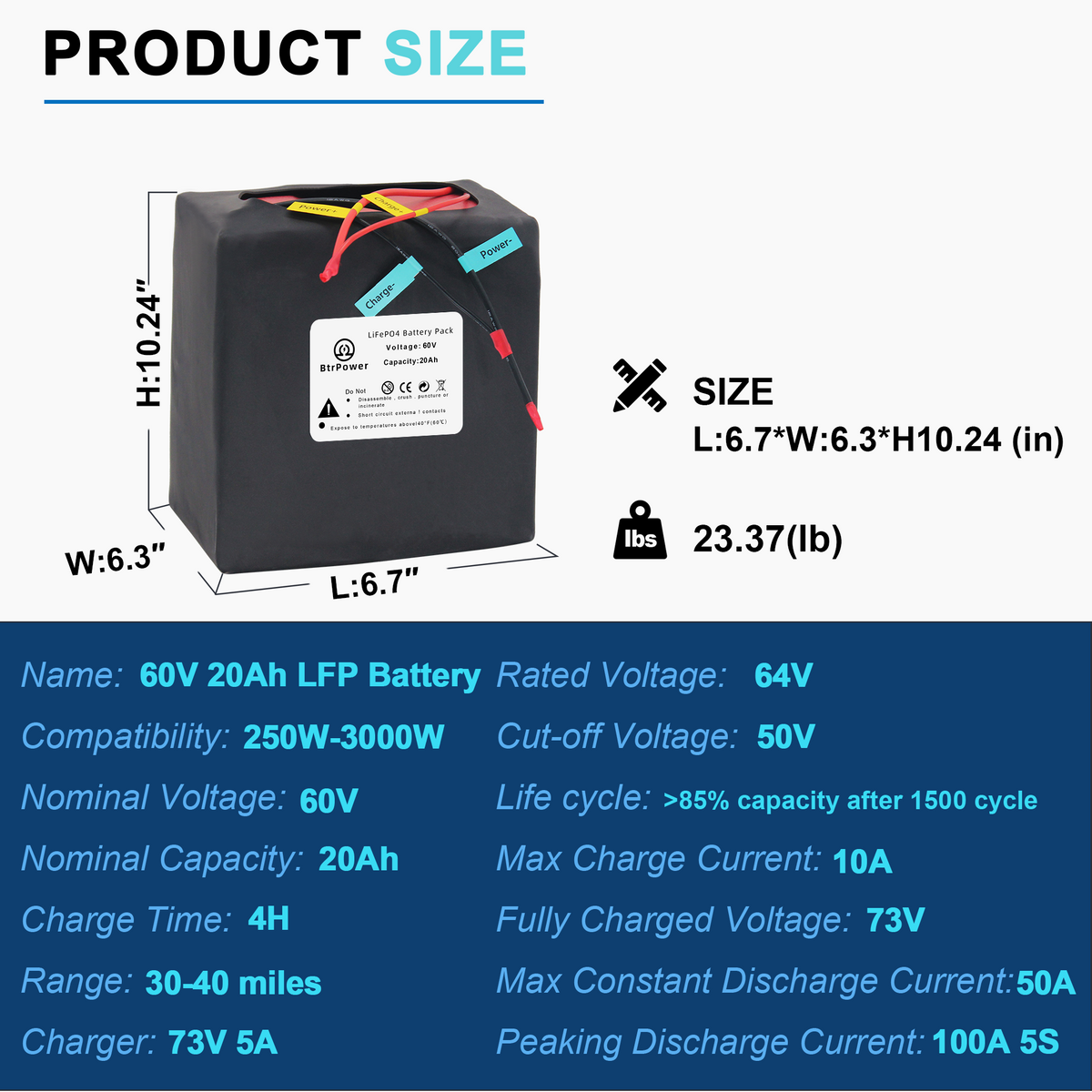 BtrPower Ebike Battery  60V 20AH LiFePO4 Battery Pack with 5A Charger ,50A BMS