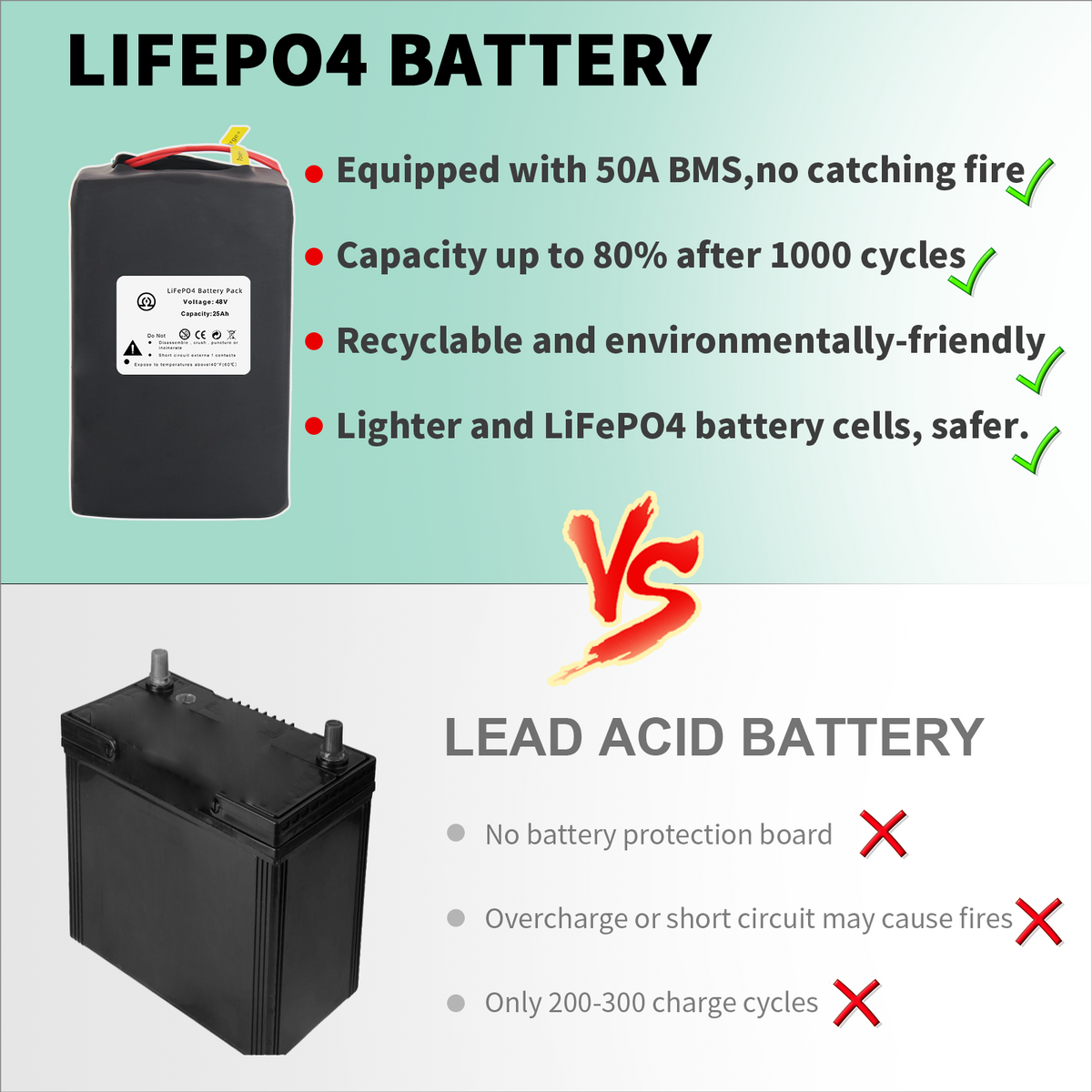 BtrPower Ebike Battery 48V 25AH LiFePo4 Battery Pack with 5A Charger, 50A BMS