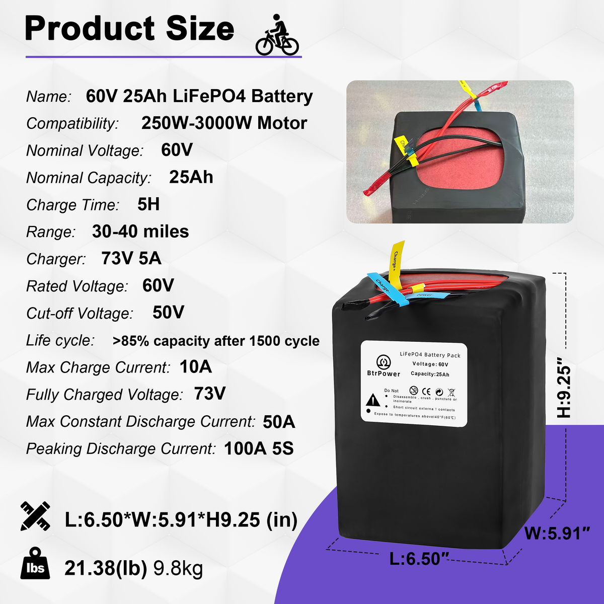 Electric Bike Ebike 60V 25Ah LiFePO4 Battery Pack for 250-2500W Trike Motor 50A BMS