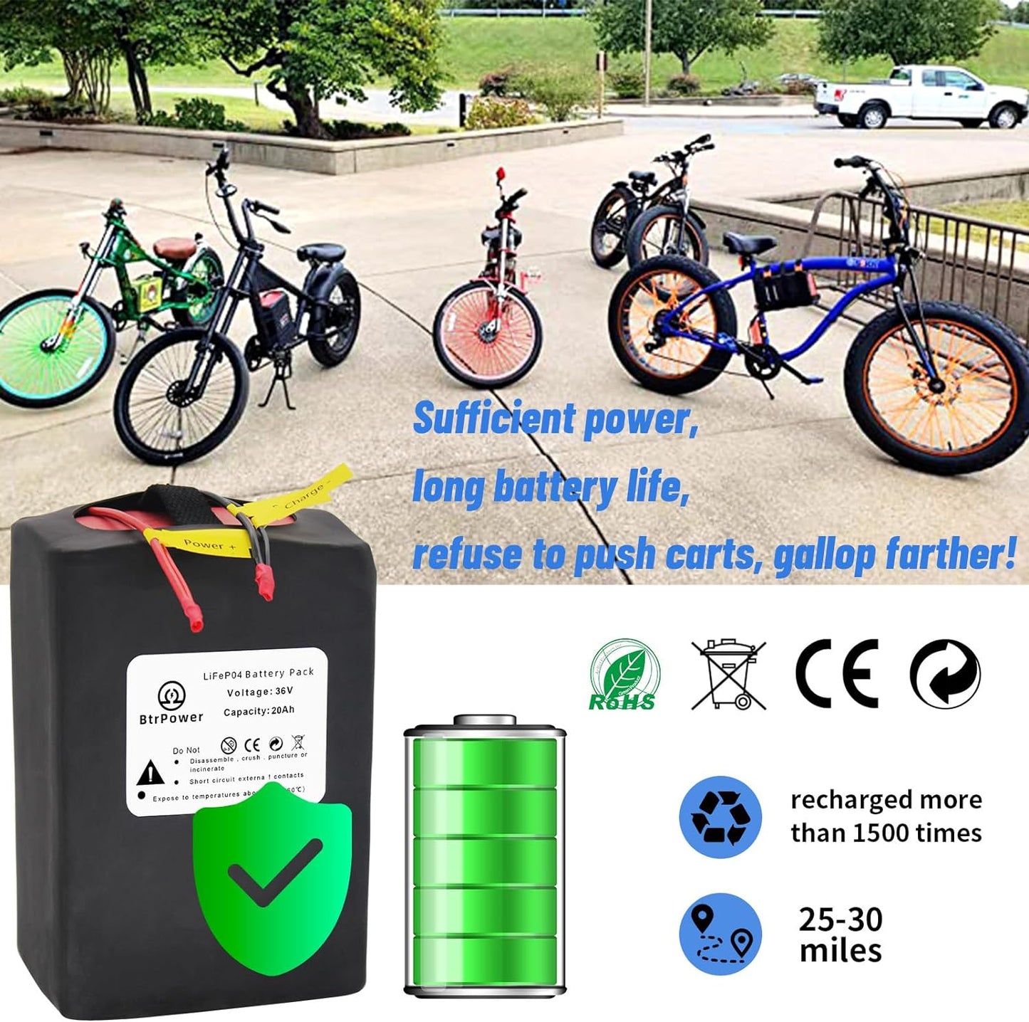 BtrPower 36V 20AH Ebike Battery LiFePo4 Battery Pack with 3A Charger, 30A BMS
