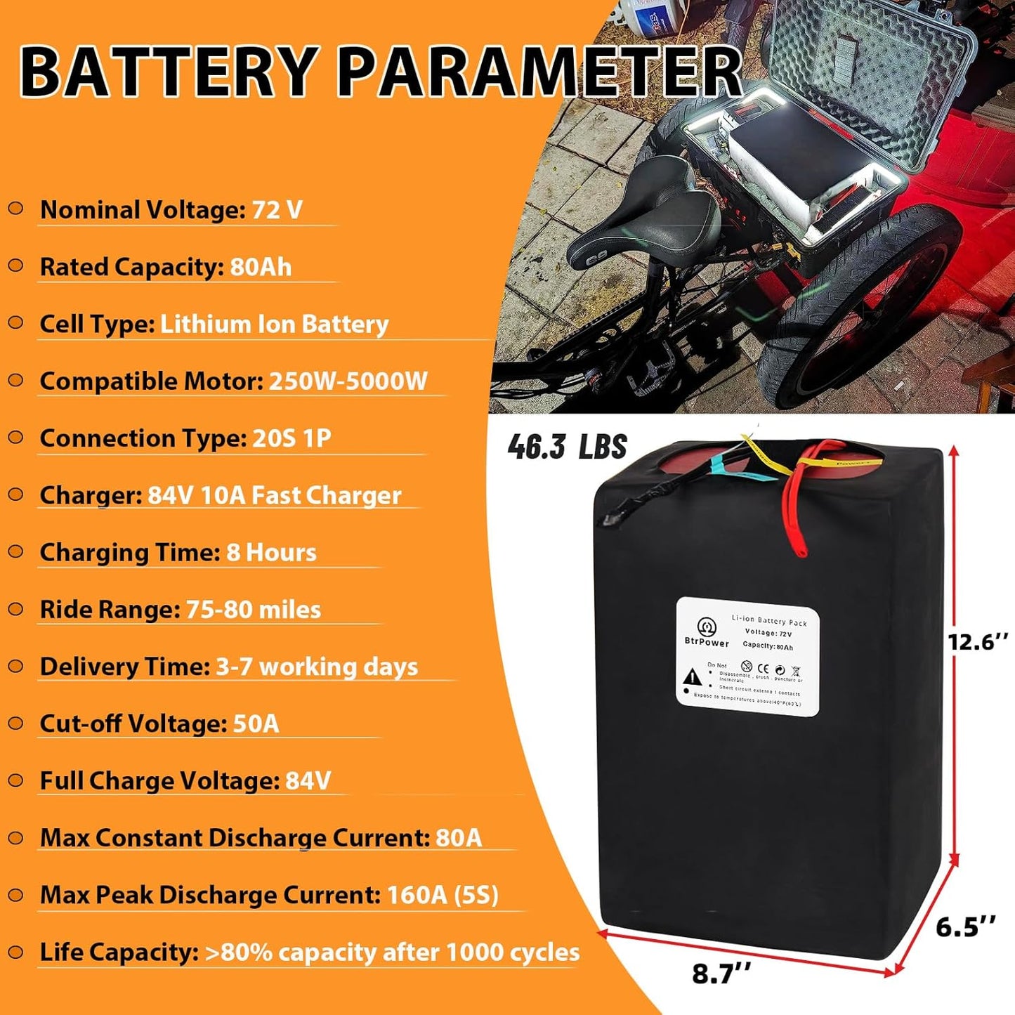 72v Ebike Battery 80Ah Lithium Li-ion 80A BMS for 5000W Electric Bike Scooter