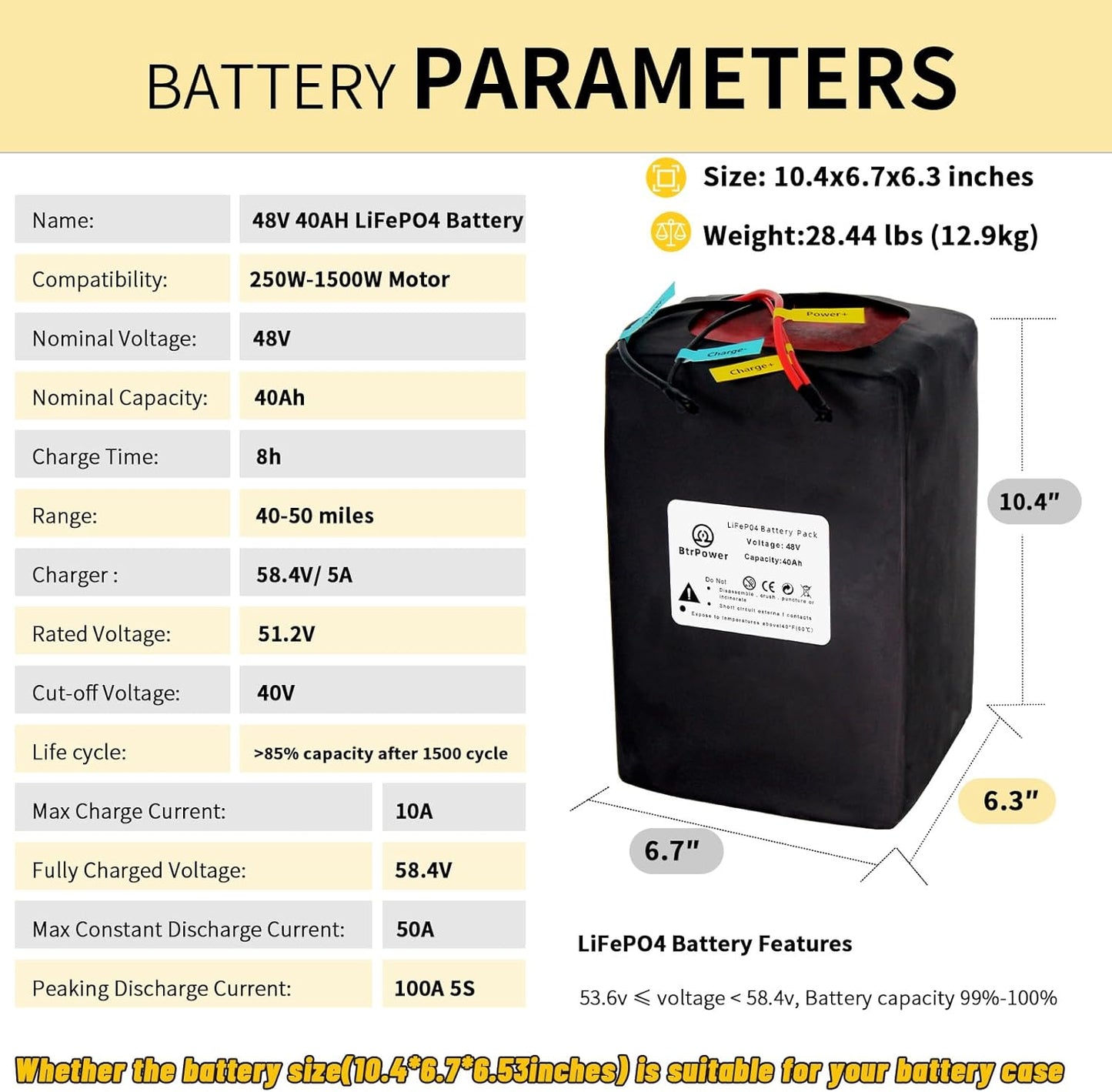 Batería Ebike 48V 40AH LiFePO4 Batería con cargador 5A, 50A BMS