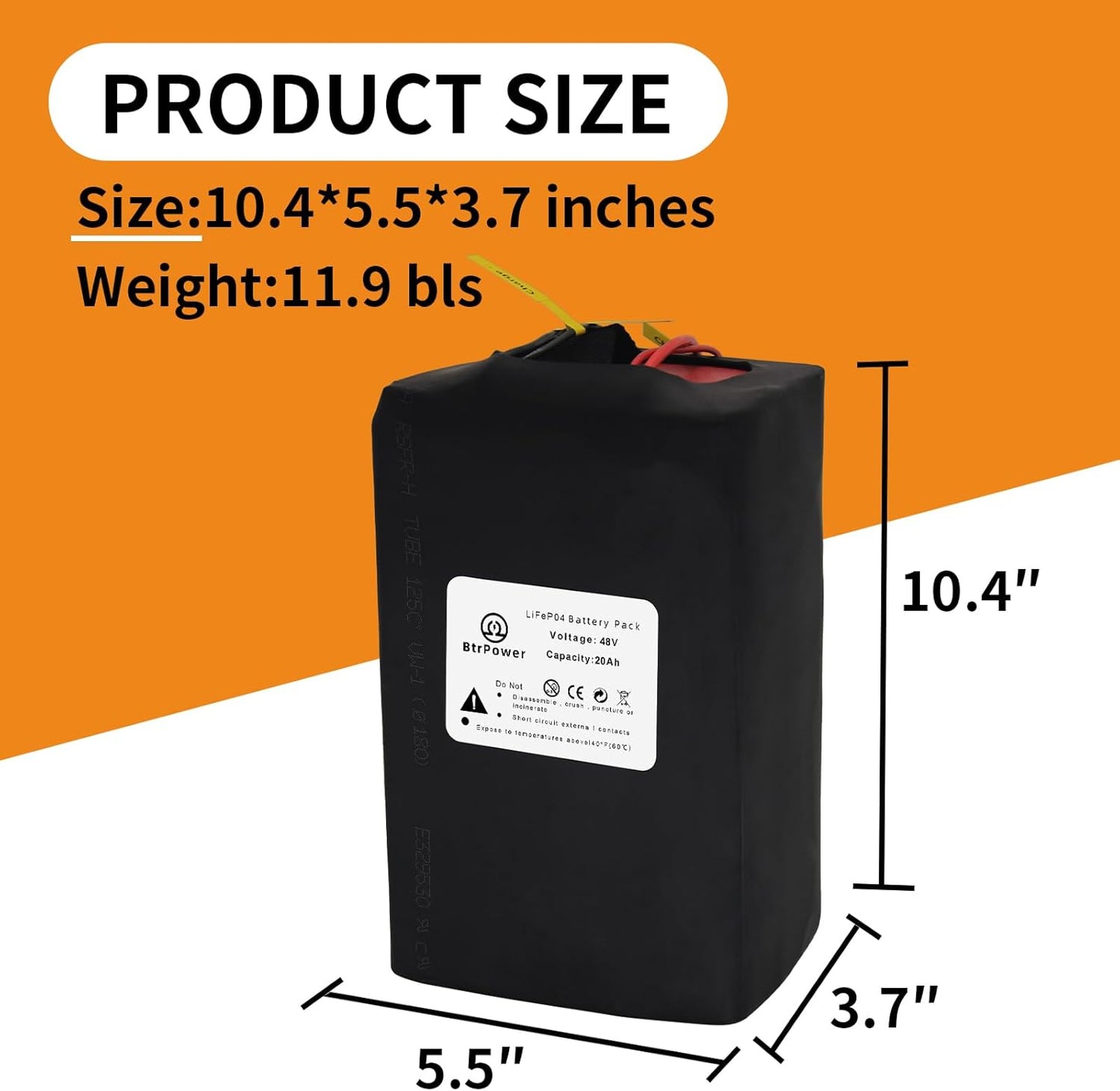 BtrPower Ebike Battery 48V 20AH LiFePO4 Battery Pack with 3A Charger,30A BMS