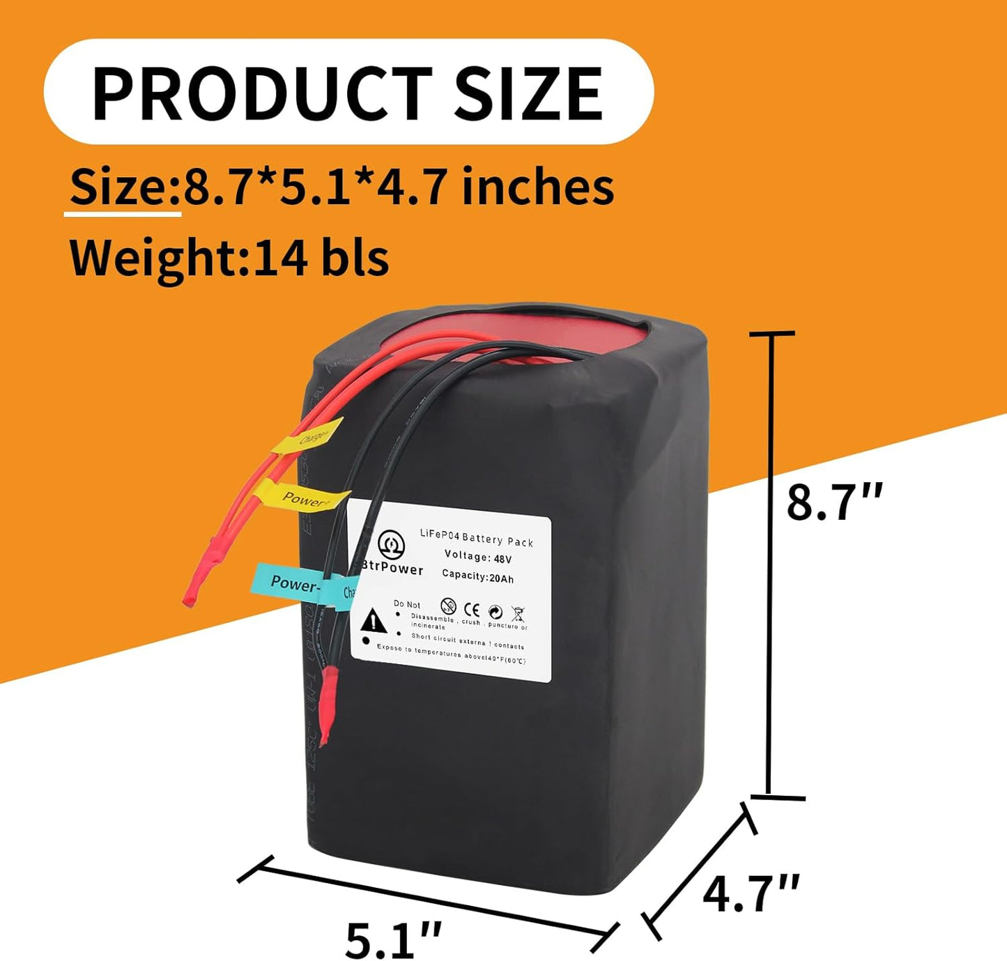 BtrPower Ebike Battery 48V 20AH LiFePO4 Battery Pack with 3A Charger,40A BMS