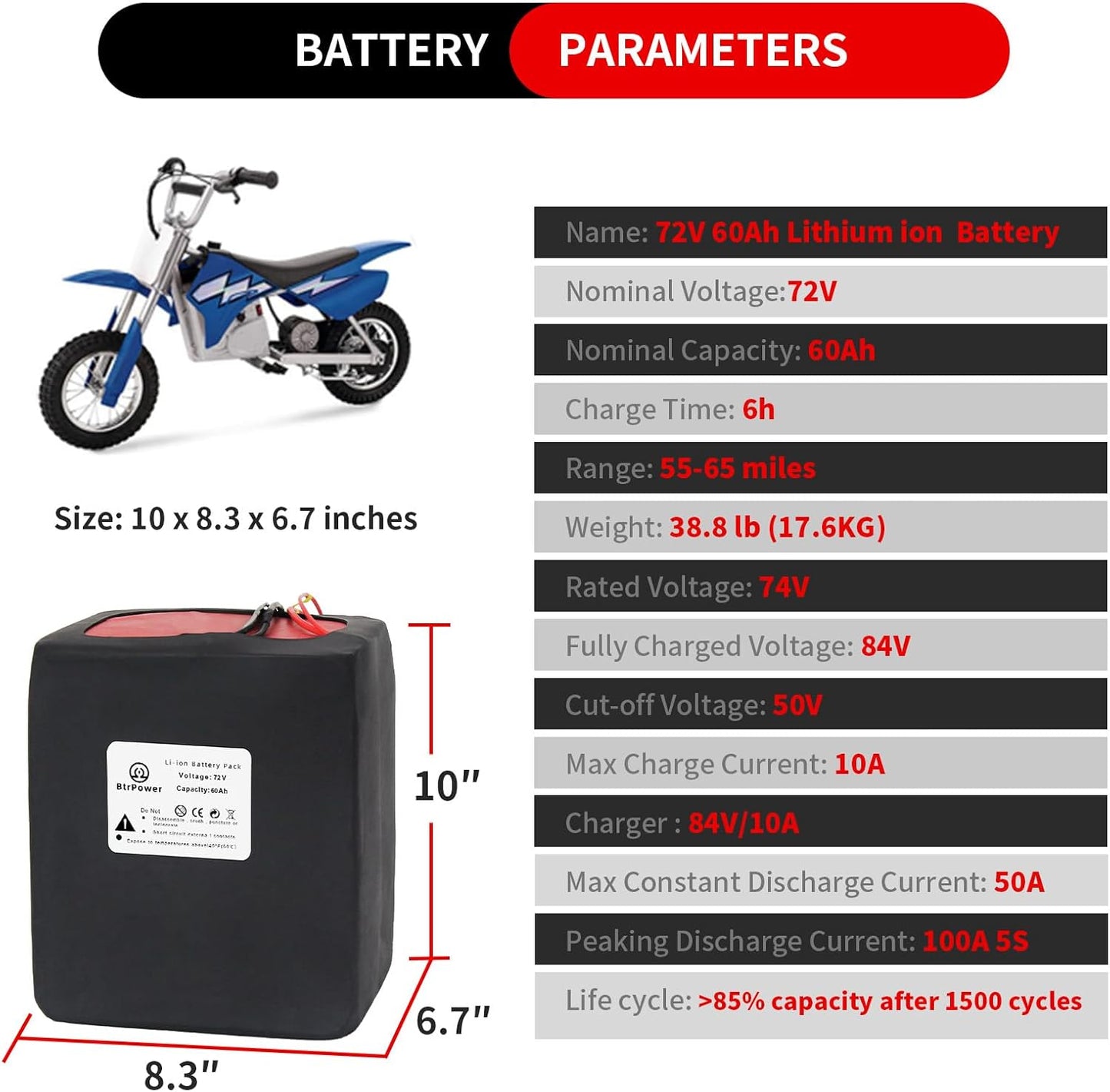 72V 60Ah Lithium-Ionen-Akku für 500W-5000W Fahrrad Elektro roller 80A BMS