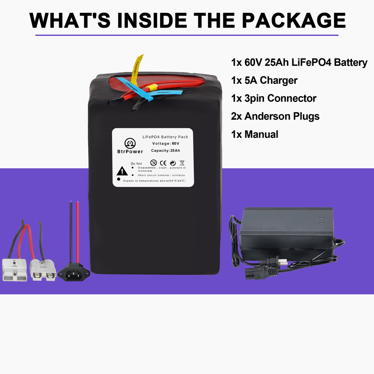 Electric Bike Ebike 60V 25Ah LiFePO4 Battery Pack for 250-2500W Trike Motor 50A BMS
