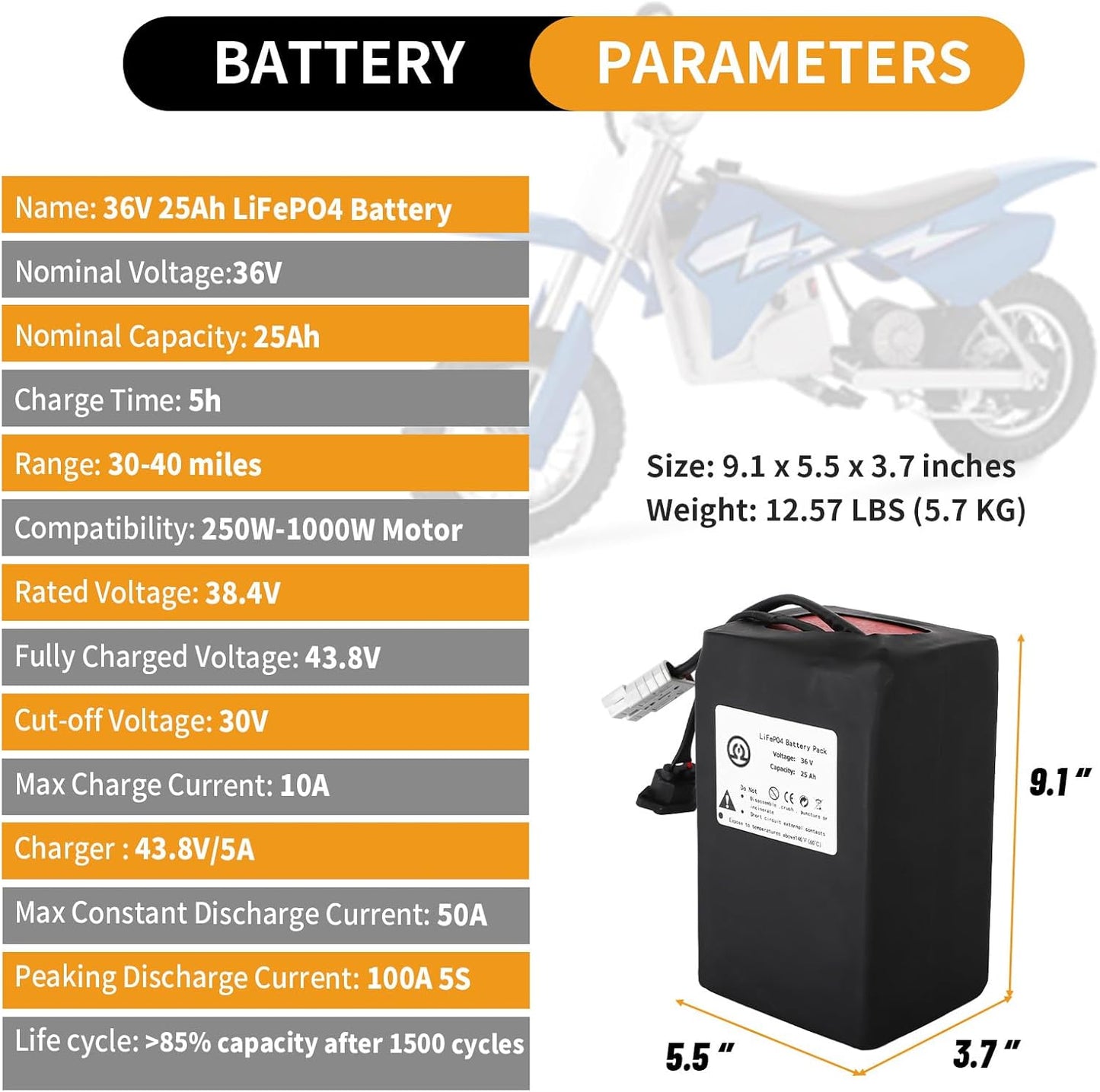 36V 25Ah Ebike Batería de Litio LiFePO4 para Scooter Bicicleta Eléctrica 50A BMS