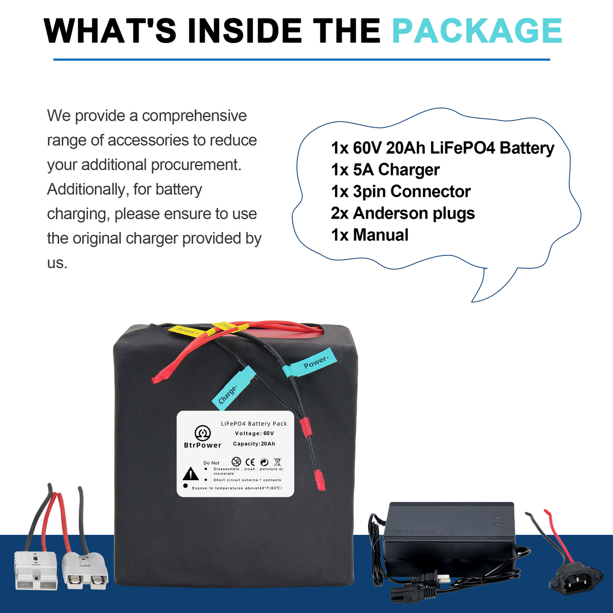 BtrPower Ebike Battery  60V 20AH LiFePO4 Battery Pack with 5A Charger ,50A BMS