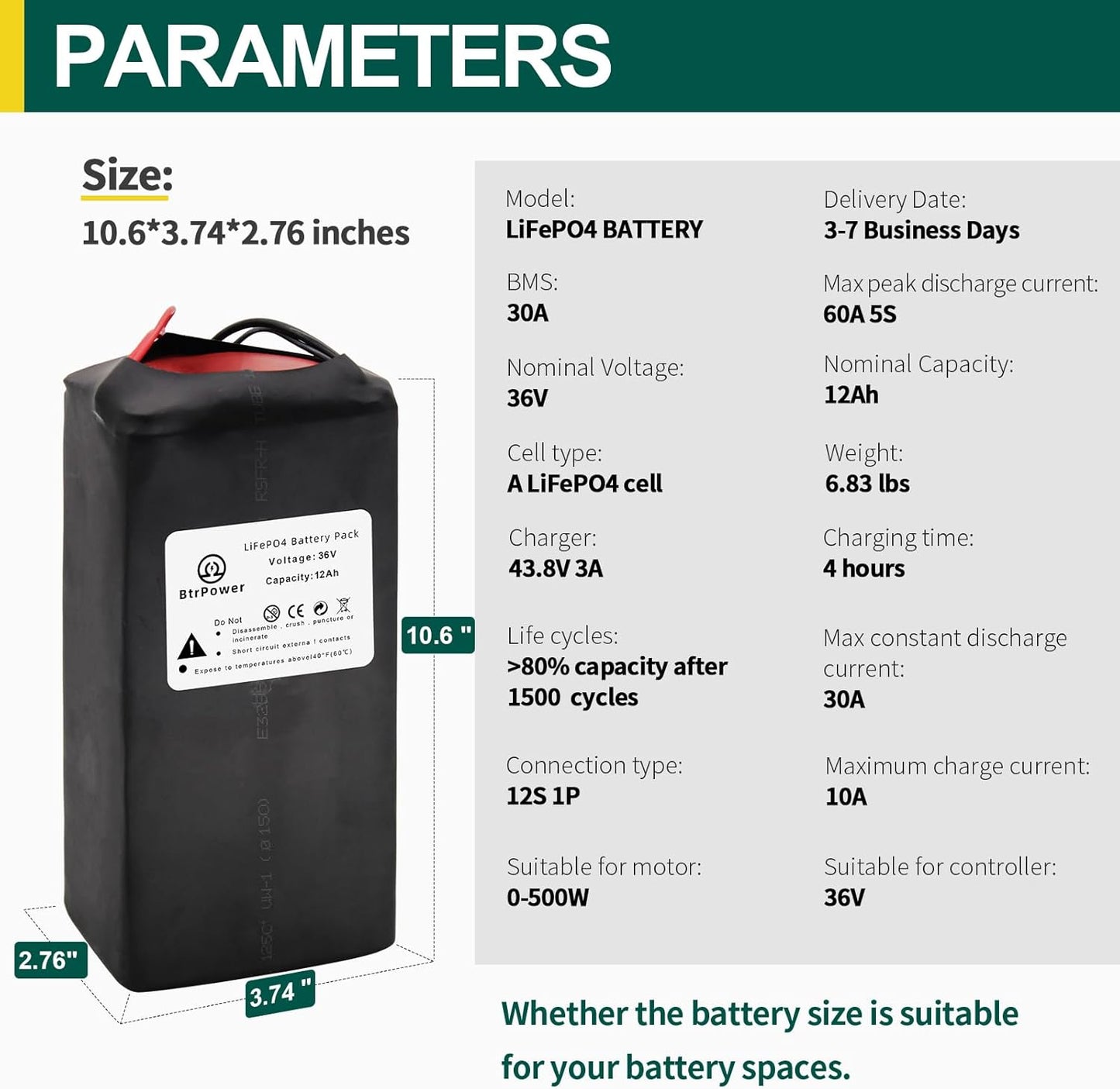 BtrPower 36V 12AH Ebike Battery  LiFePO4 Battery Pack with 3A Charger 30A BMS for 0W-500W Motor
