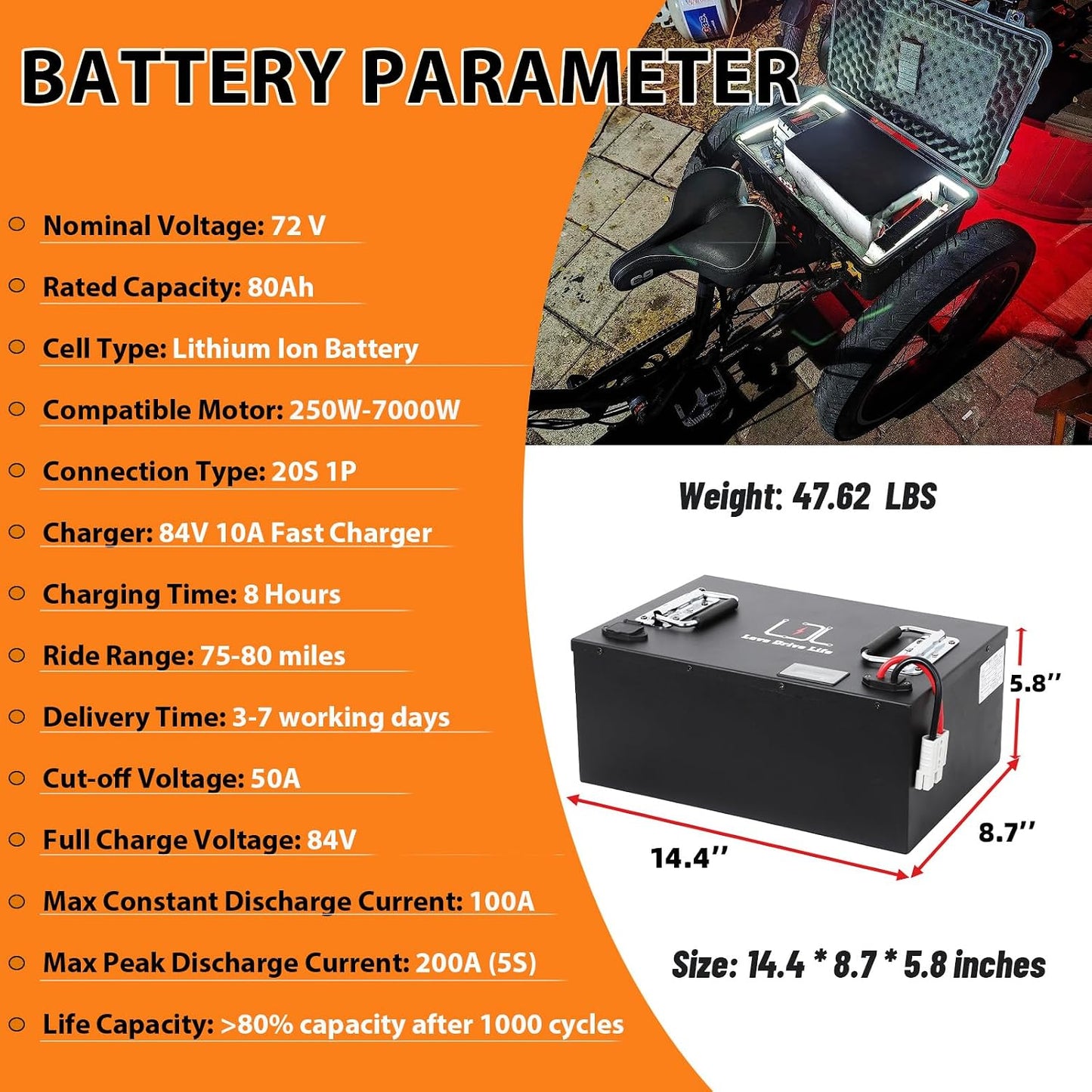 72v Ebike Battery 80Ah Lithium Li-ion 80A BMS for 0-5000W Electric Bike Scooter