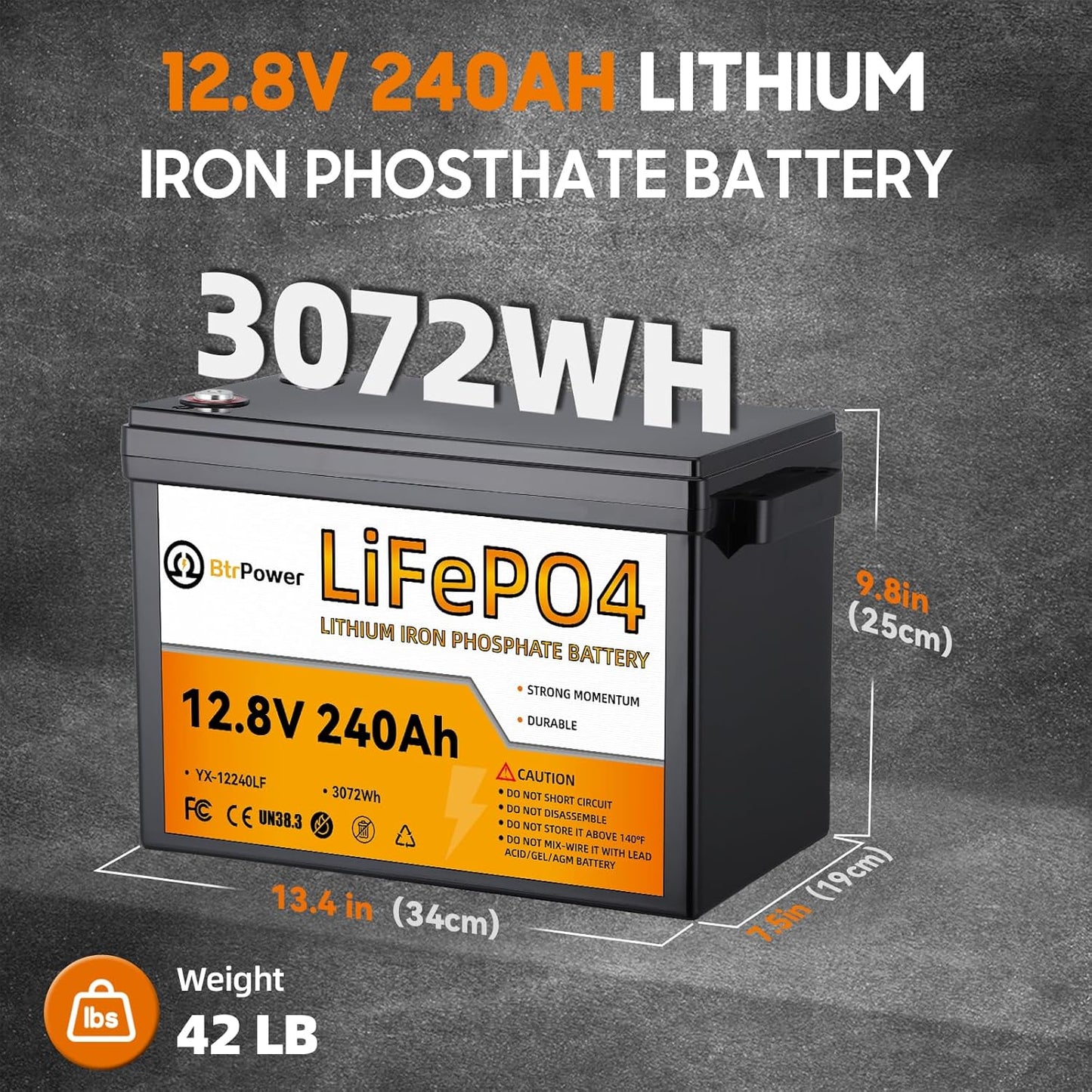 12V 240AH LiFePO4 Lithium Battery Pack 100A BMS for RV Marine Solar System Trolling Motor