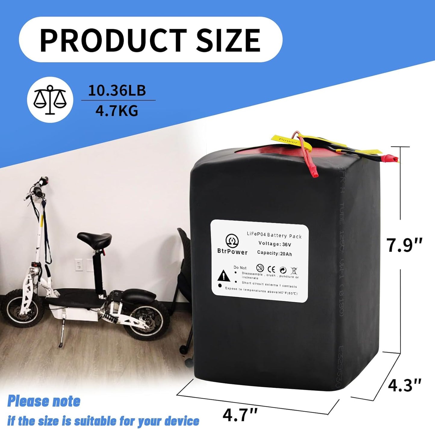 Batería de la batería LiFePo4 de BtrPower 36V 20AH Ebike con el cargador 3A, 30A BMS