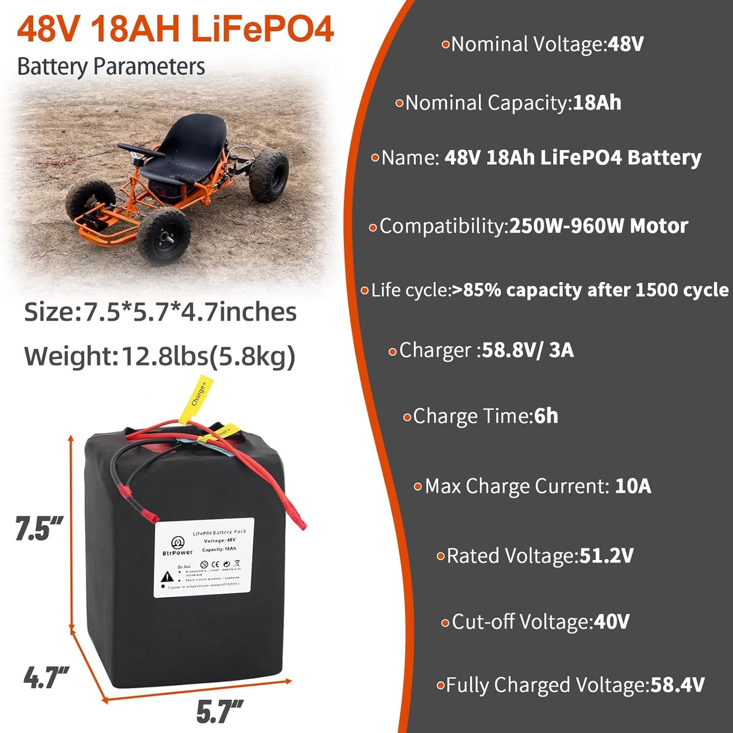 48v 18Ah Lifepo4 Ebike Battery Pack for 1000W Electric Bike Scooter with Charger