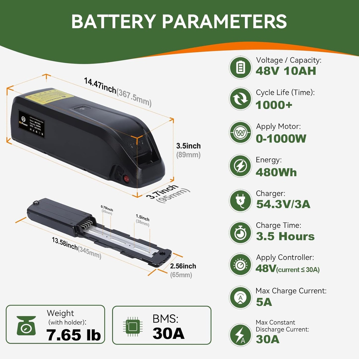 BtrPower 48V 10Ah Hailong Ebike Battery for Electric Bike Motor Lithium Battery 30A BMS