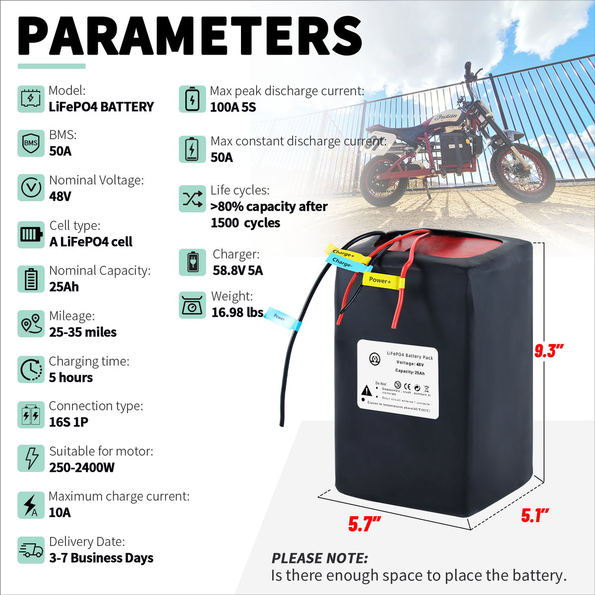 BtrPower Ebike Battery 48V 25AH LiFePo4 Battery Pack with 5A Charger, 50A BMS