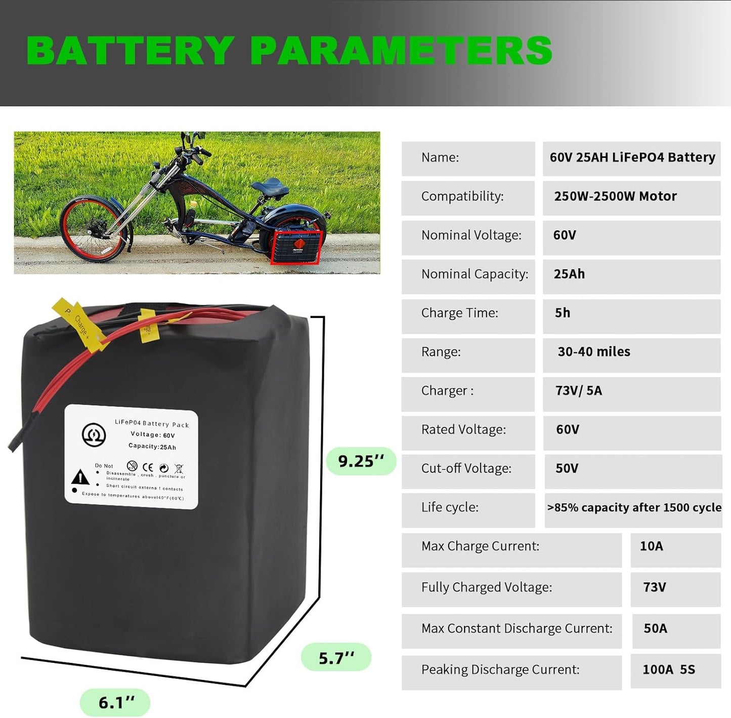 Electric Bike Ebike 60V 25Ah LiFePO4 Battery Pack for 250-2500W Trike Motor 50A BMS