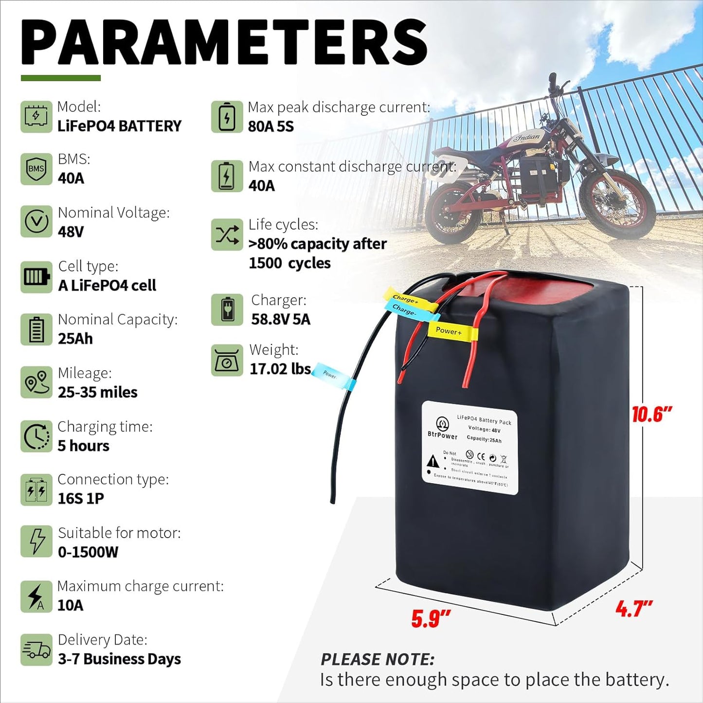 BtrPower Ebike Battery 48V 25AH LiFePo4 Battery Pack with 5A Charger, 40A BMS