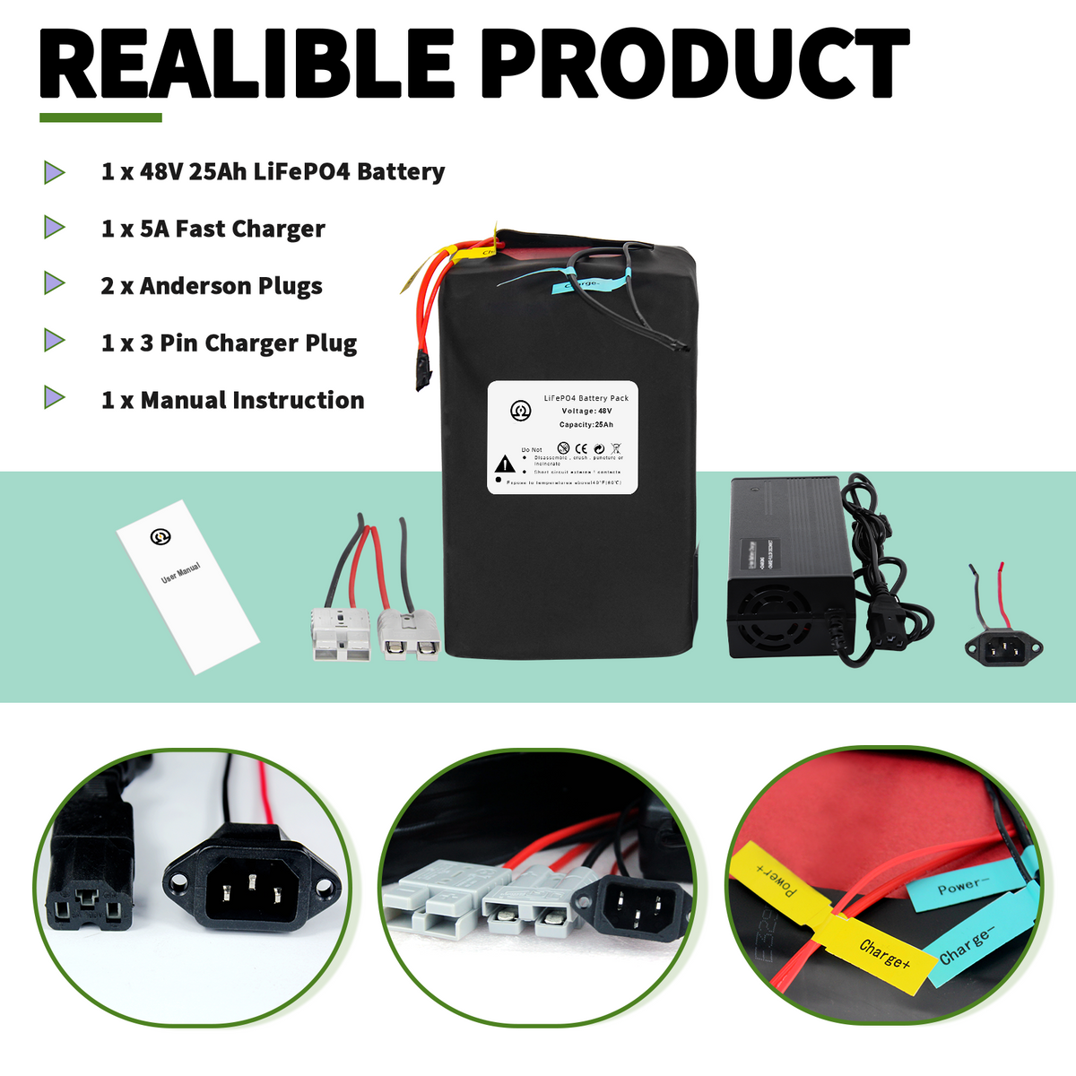 BtrPower Ebike Battery 48V 25AH LiFePo4 Battery Pack with 5A Charger, 50A BMS