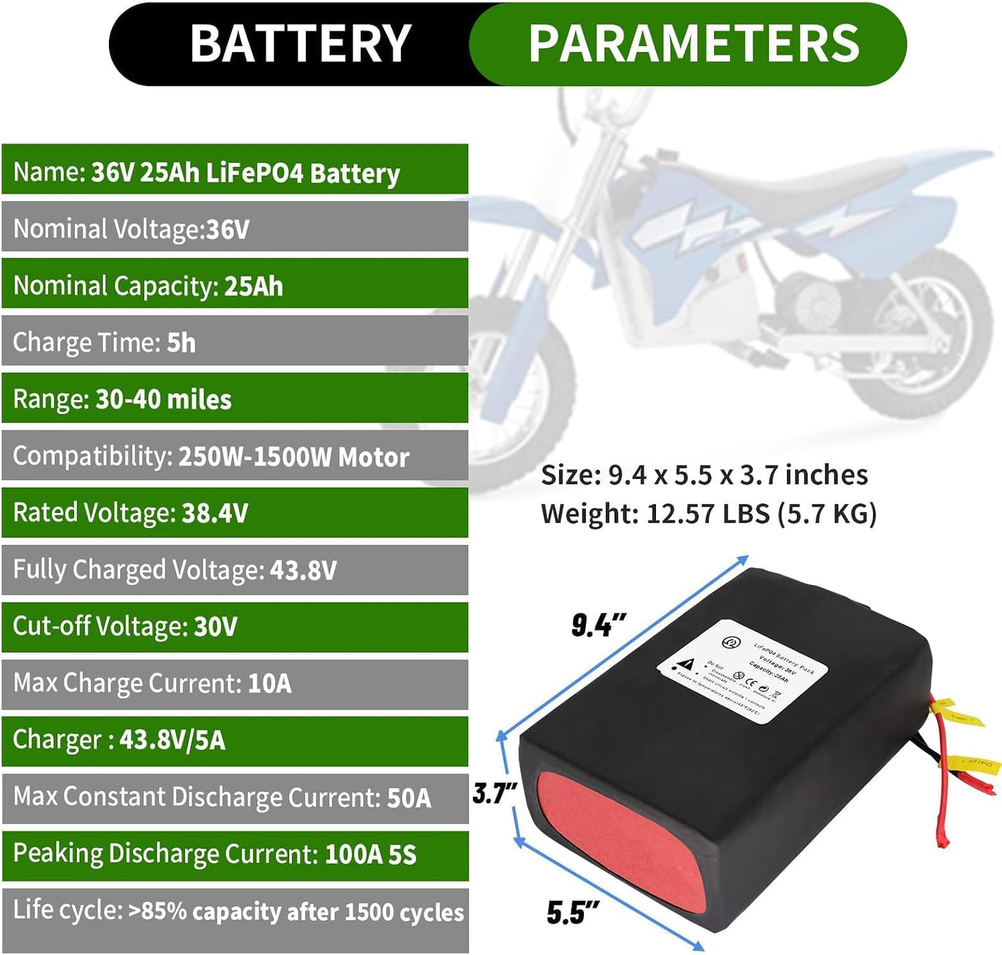 36V 25Ah Ebike Battery Pack Lithium LiFePO4 for Scooter Electric Bike 50A BMS