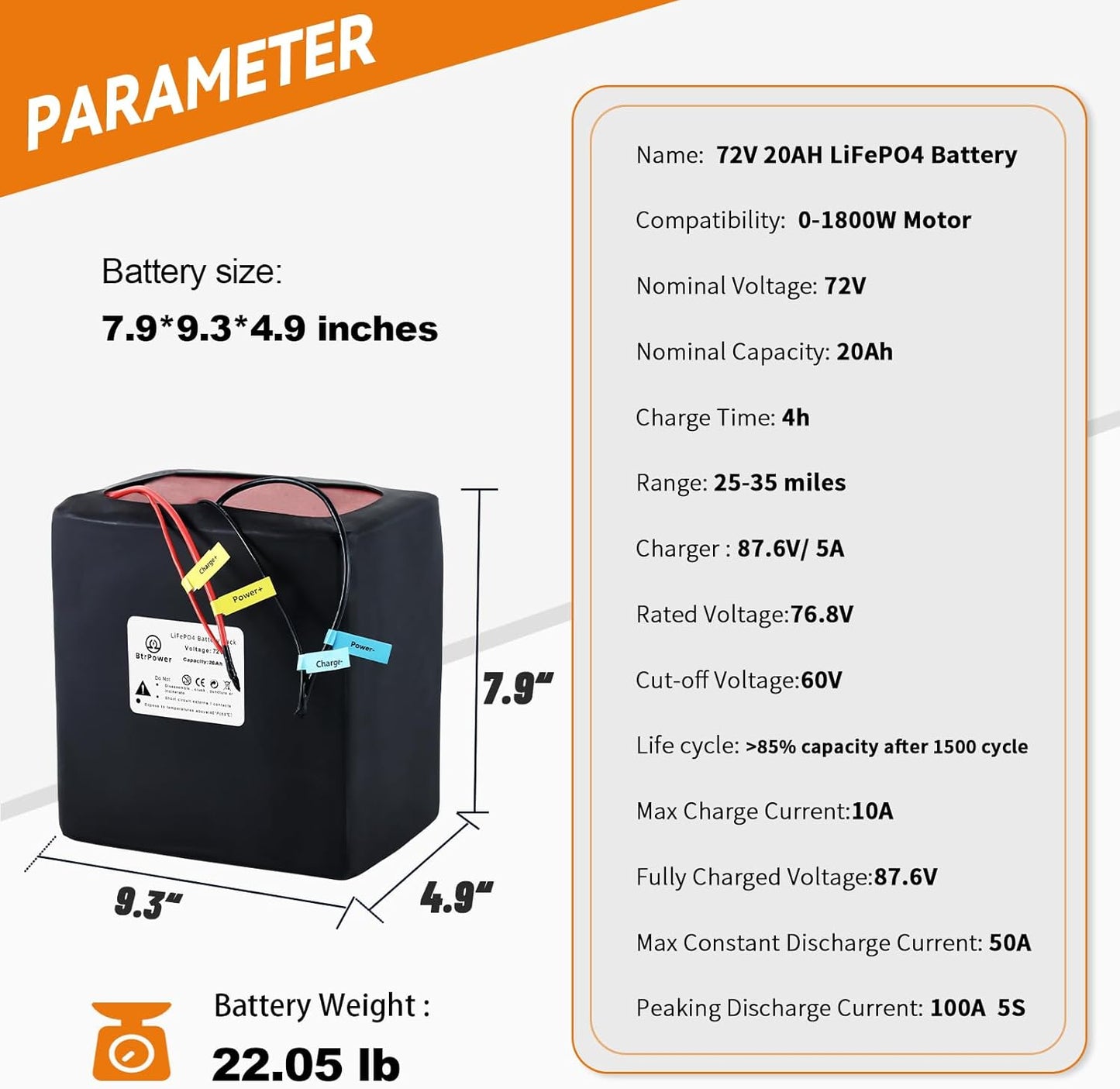 BtrPower Ebike Battery 72V 20AH LiFePO4 Battery Pack with 5A Charger 50A BMS