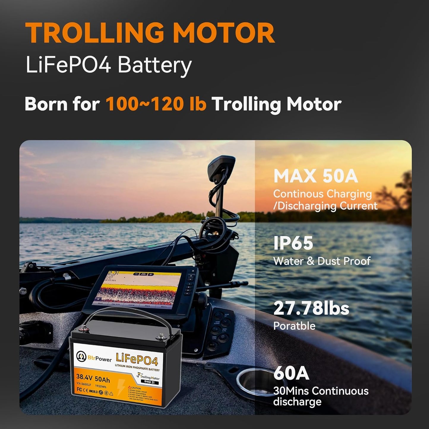 BtrPower 36V 50Ah LiFePO4 Lithium Battery for Trolling Motor RV Marine Solar System