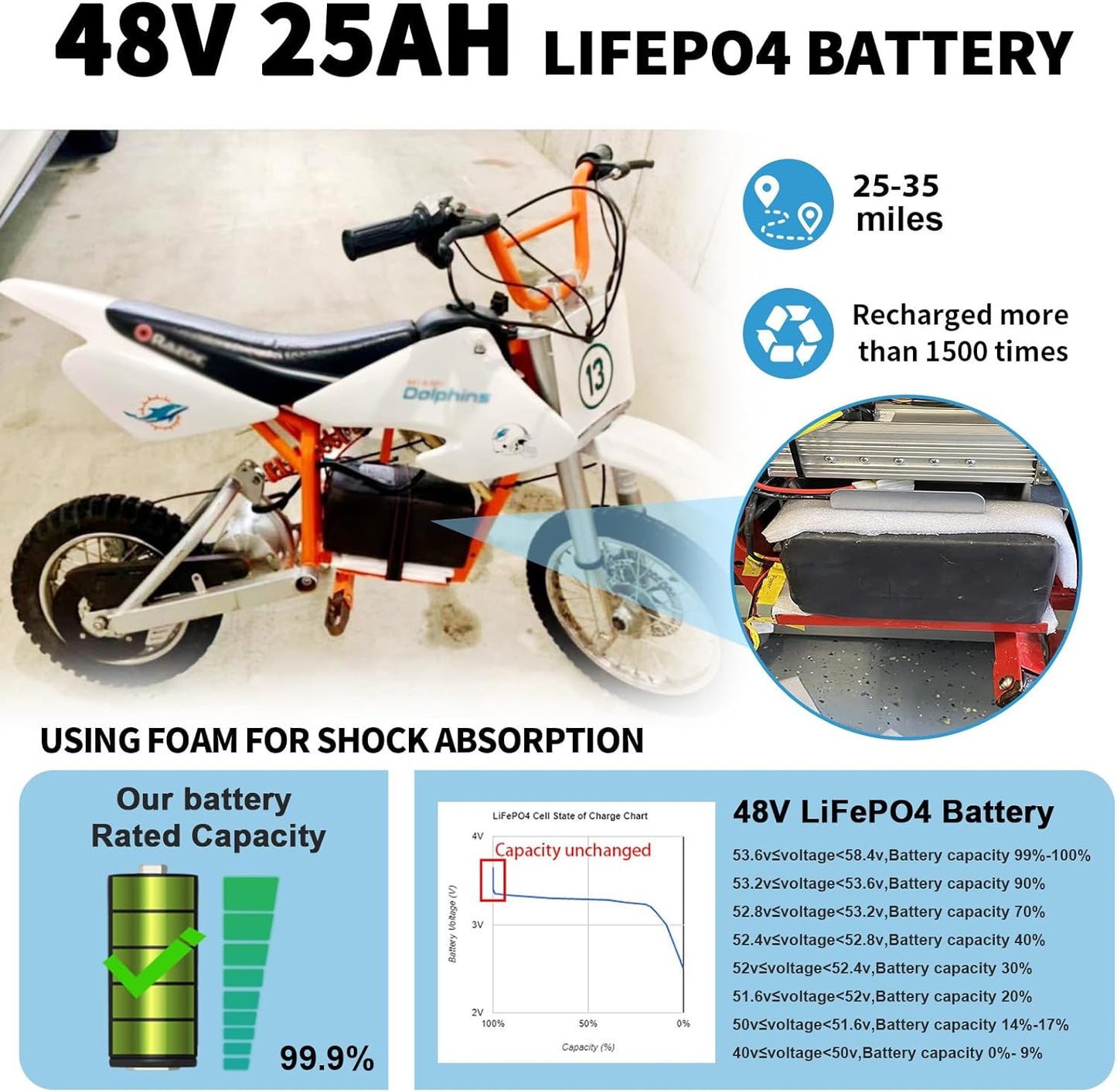BtrPower Ebike Battery 48V 25AH LiFePo4 Battery Pack with 5A Charger, 50A BMS