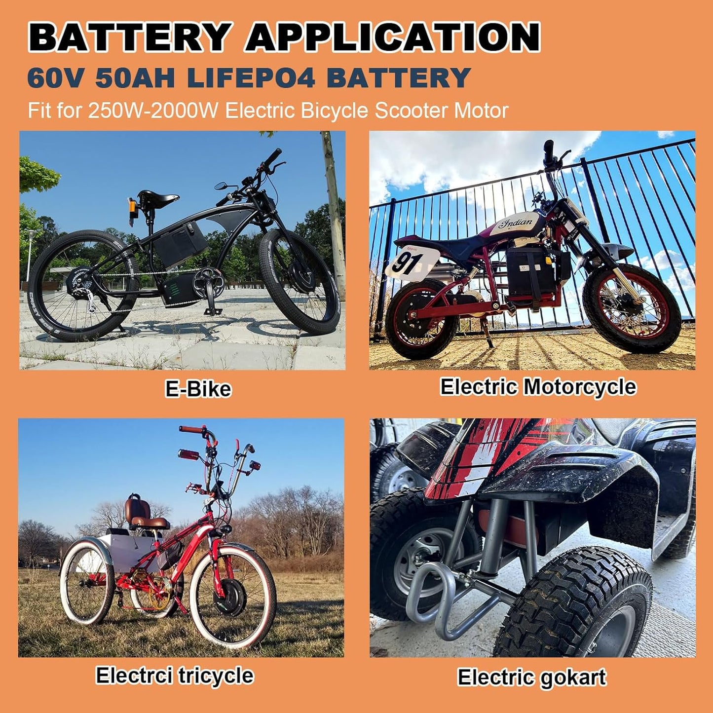 60V 50Ah Lifepo4 Battery Pack for Ebike Electric Scooter 1500W with 5A Charger